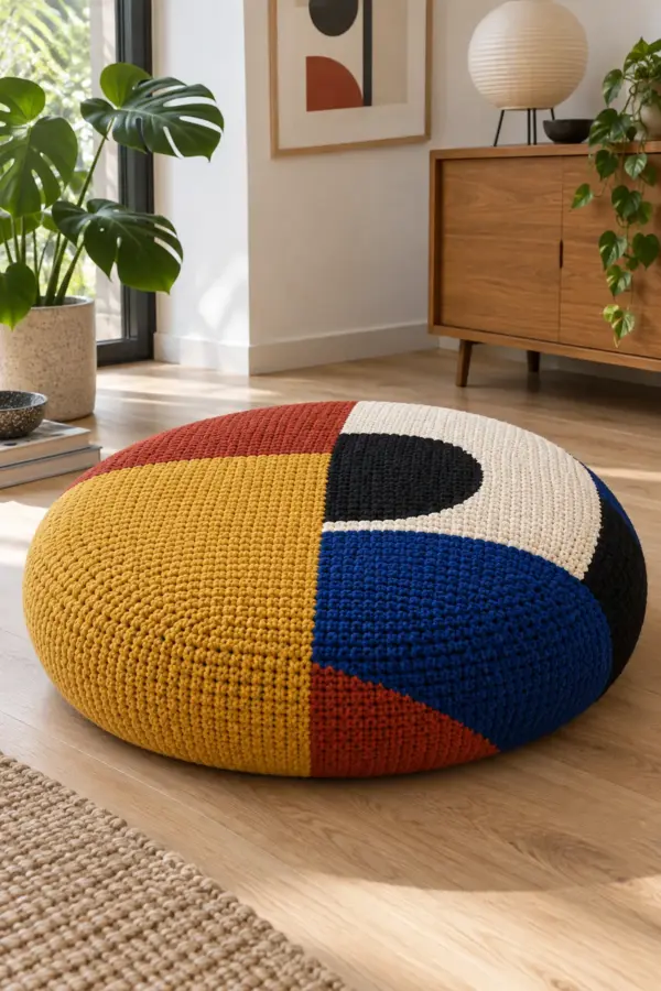 Finished crochet bauhaus color block floor cushion displayed with a clean handmade finish