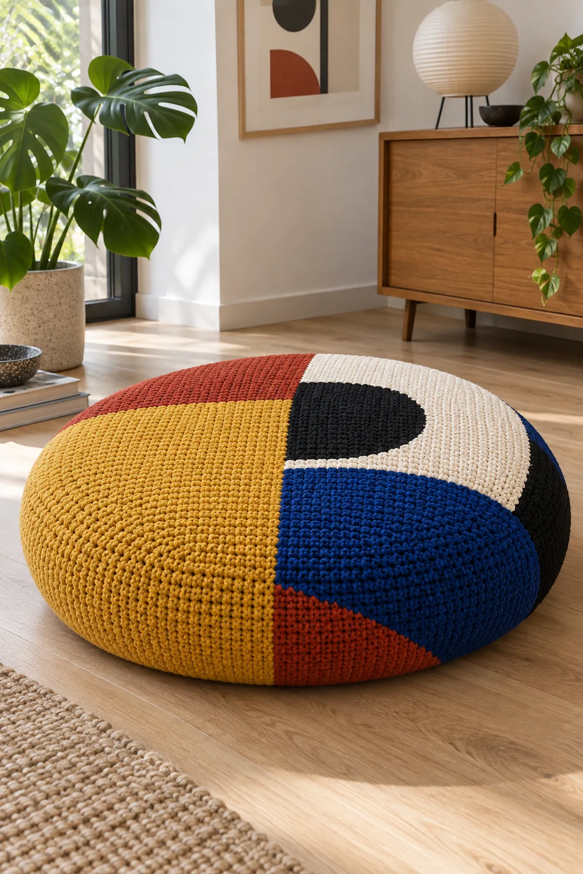 Finished crochet bauhaus color block floor cushion displayed with a clean handmade finish