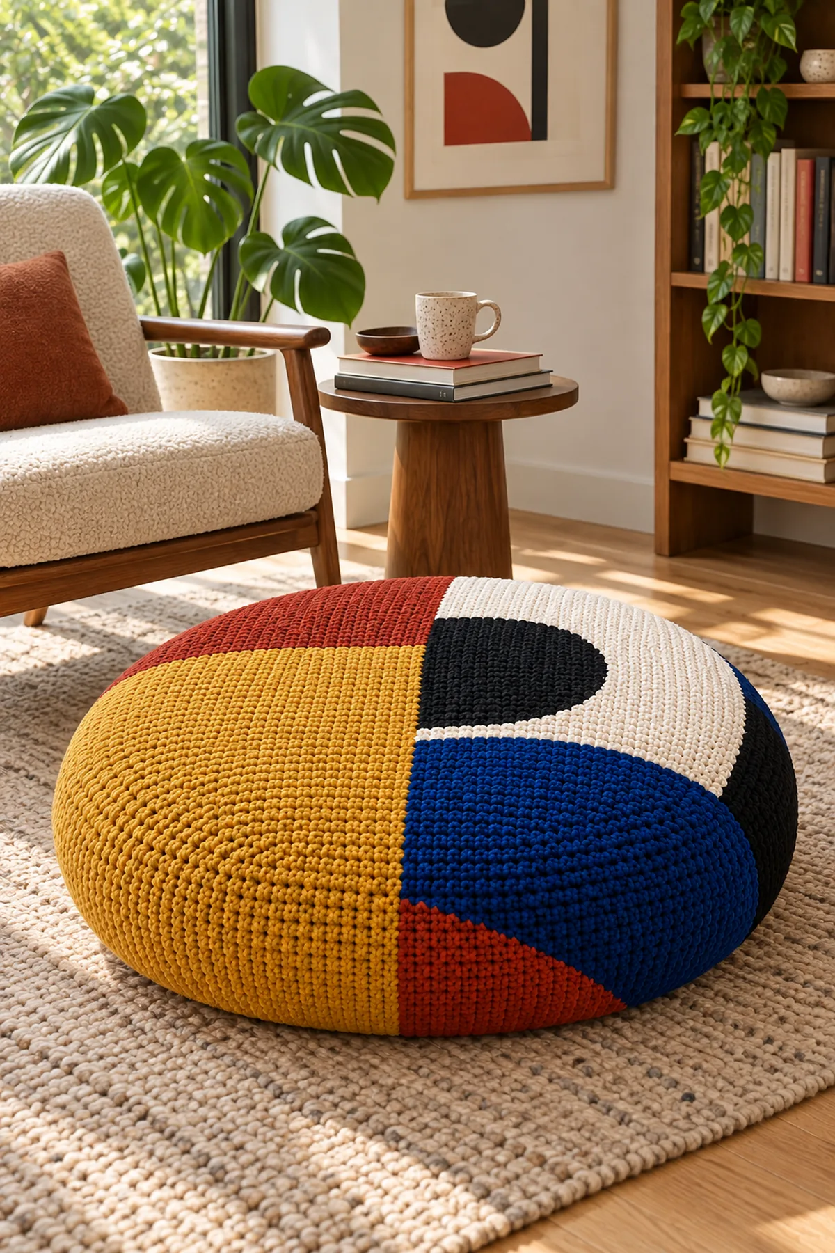 Finished crochet bauhaus color block floor cushion styled in a bright natural setting