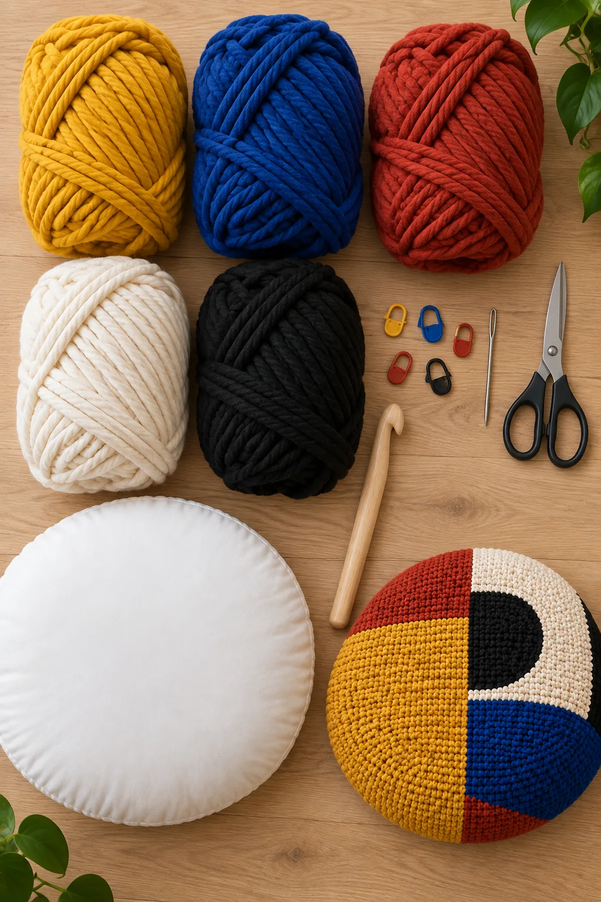 Materials for crochet bauhaus color block floor cushion including yarn, crochet hook, markers, needle, tape measure, and scissors