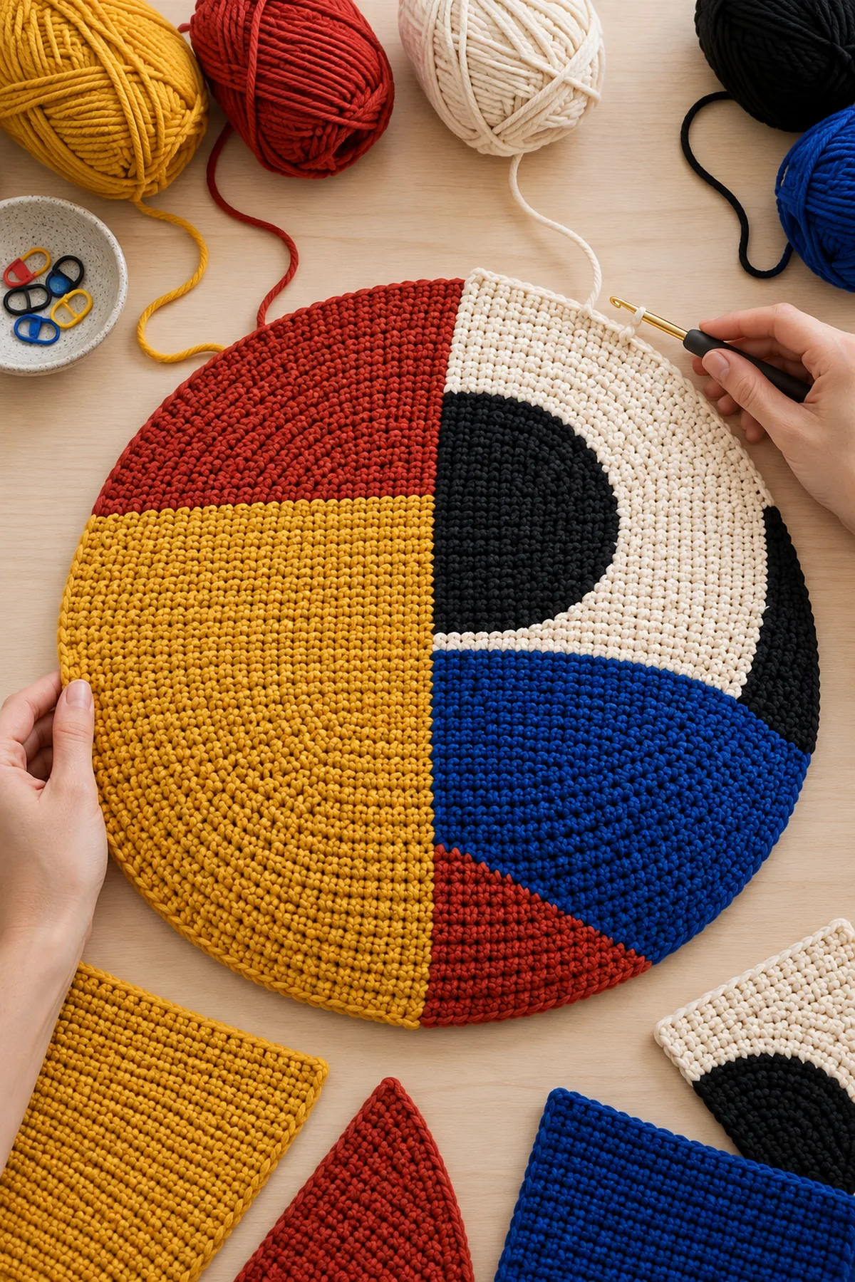 Early crochet construction stage for crochet bauhaus color block floor cushion with working yarn and hook