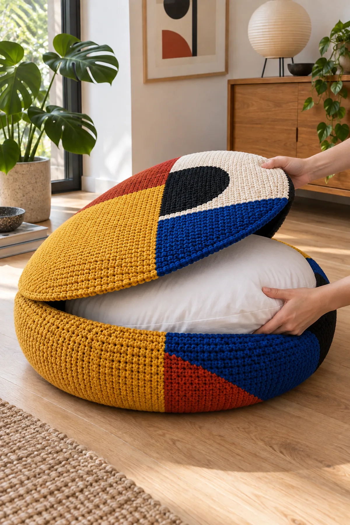 Mid-process crochet construction and shaping for crochet bauhaus color block floor cushion