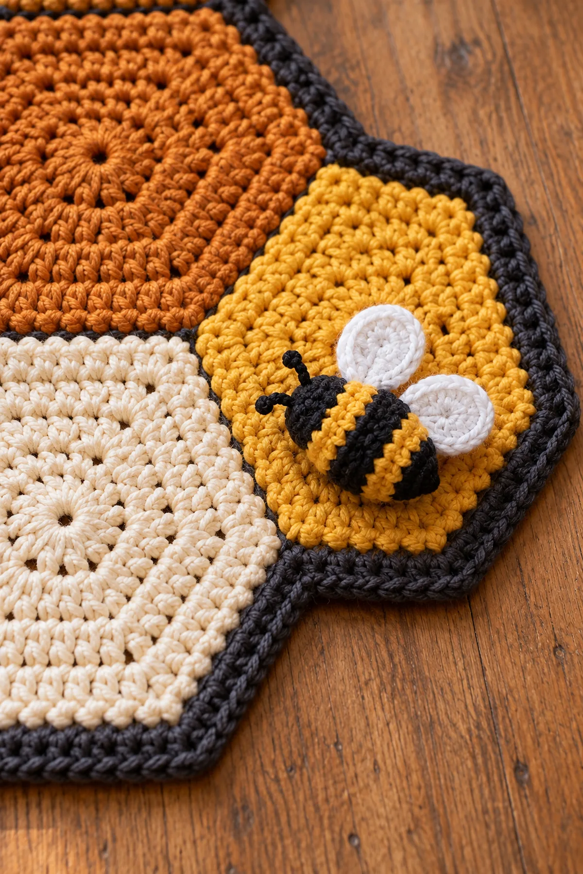 Close-up of joined honeycomb cells charcoal corded edge and small striped crochet bee