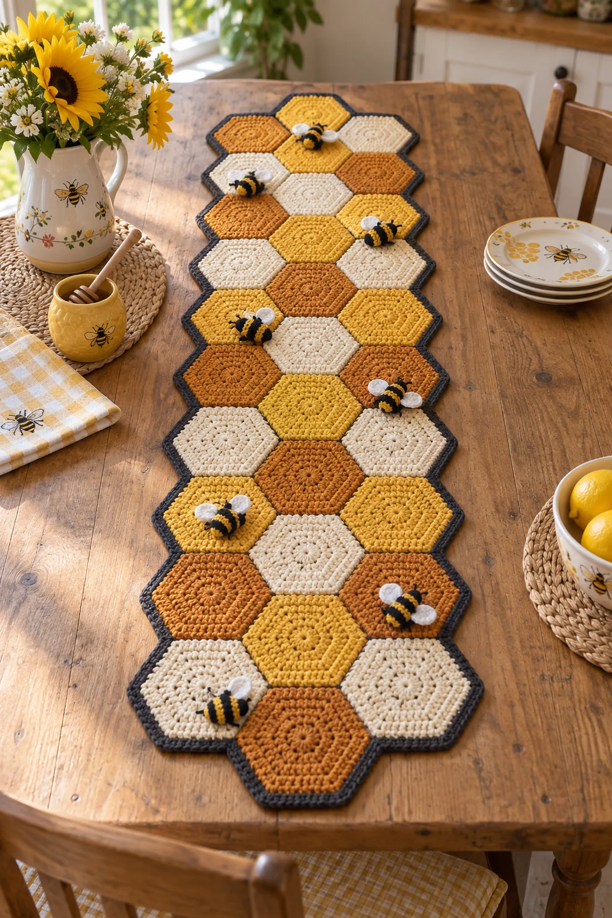 Finished crochet bee and honeycomb table runner made from thirty gold amber and cream hexagons