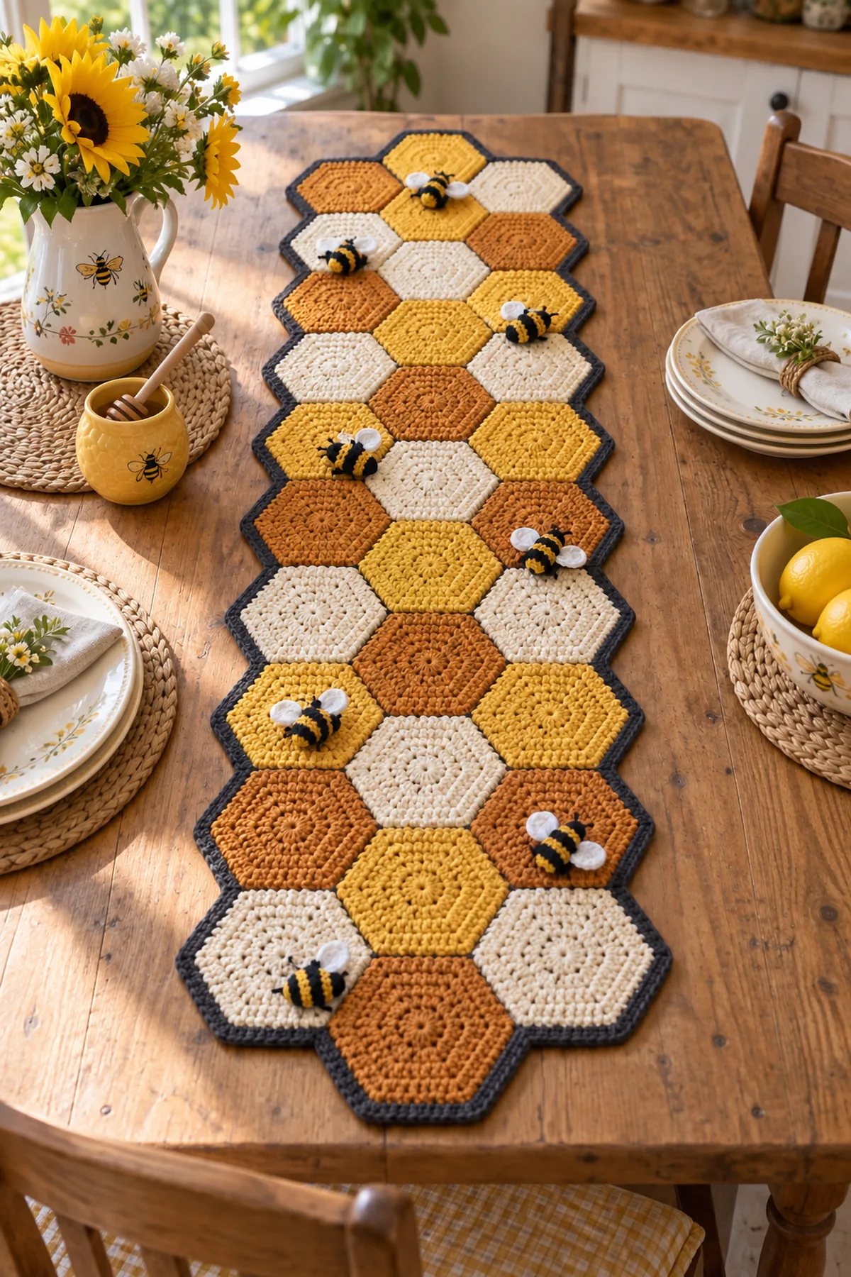 Crochet bee and honeycomb table runner styled on a sunny kitchen table