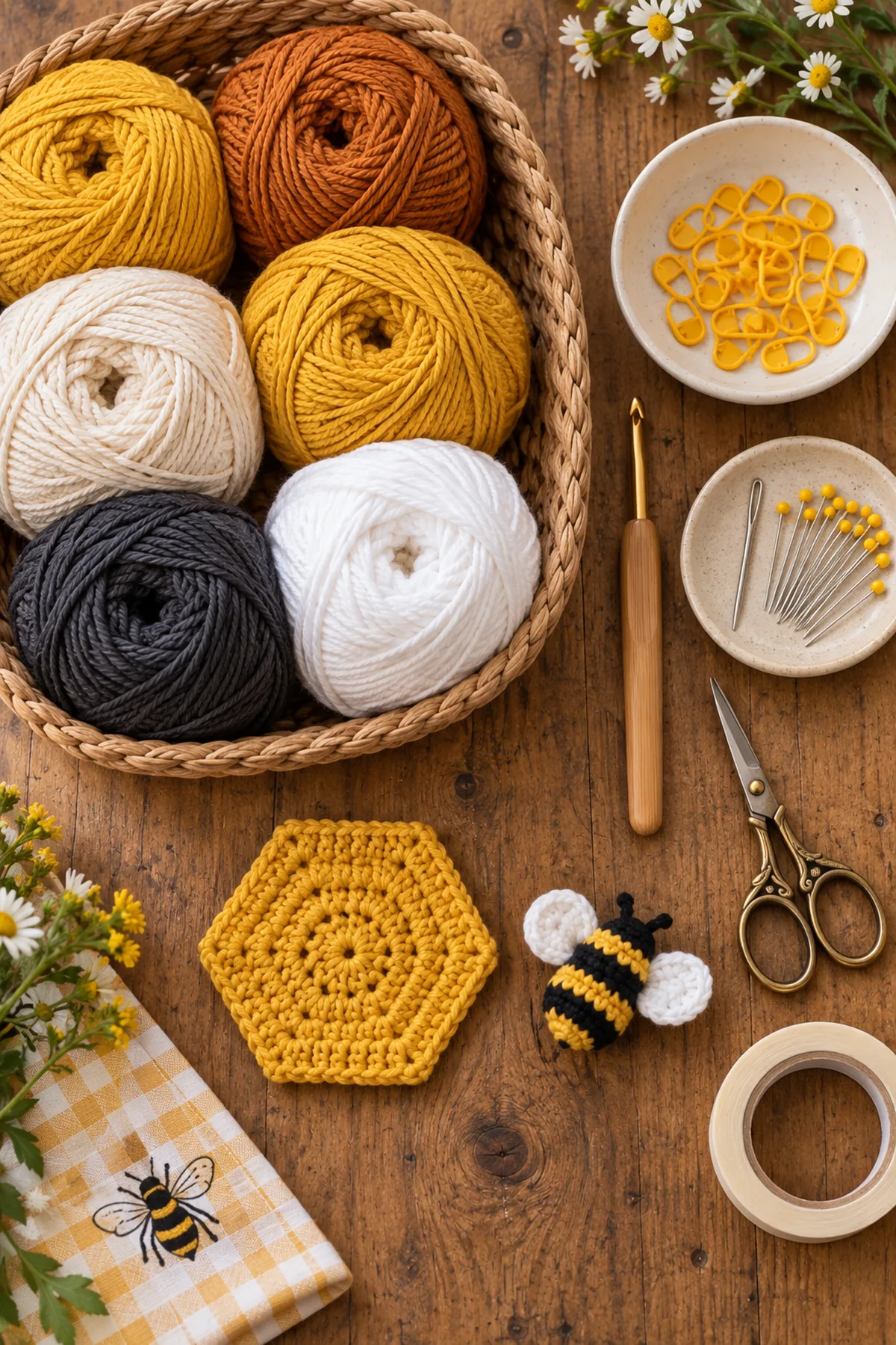 Gold amber cream charcoal and white cotton yarn with crochet hook markers needle scissors and blocking tools