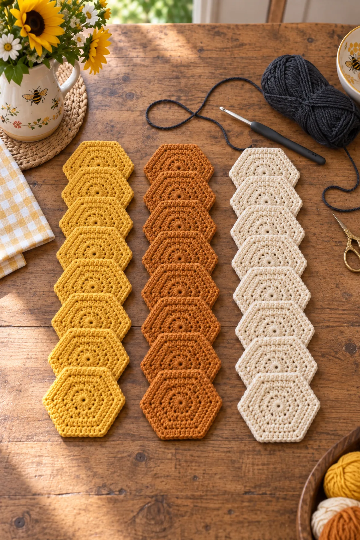 Stacks of solid crochet hexagons in three honey colors before joining