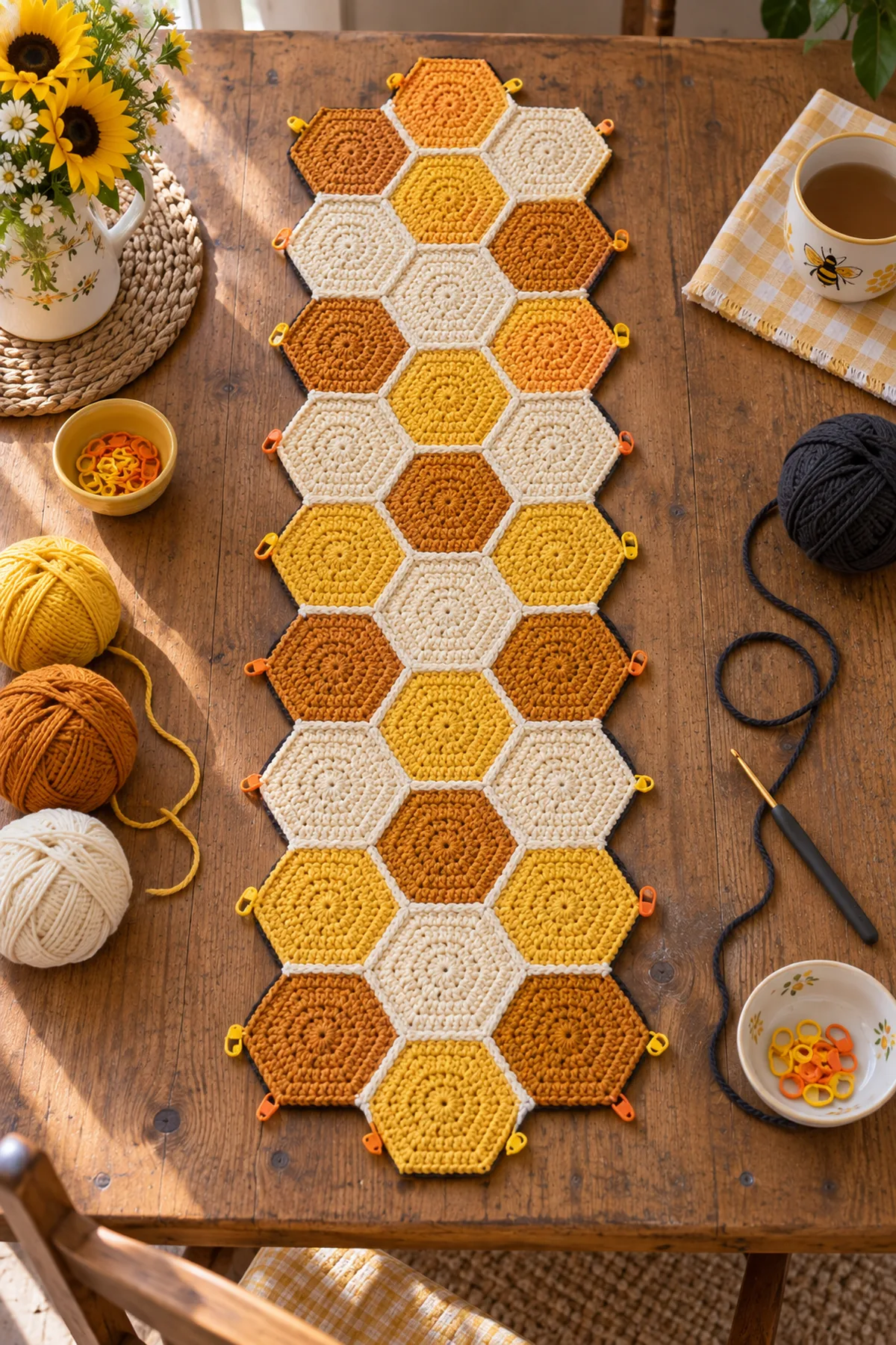 Thirty crochet hexagons arranged in three staggered honeycomb columns