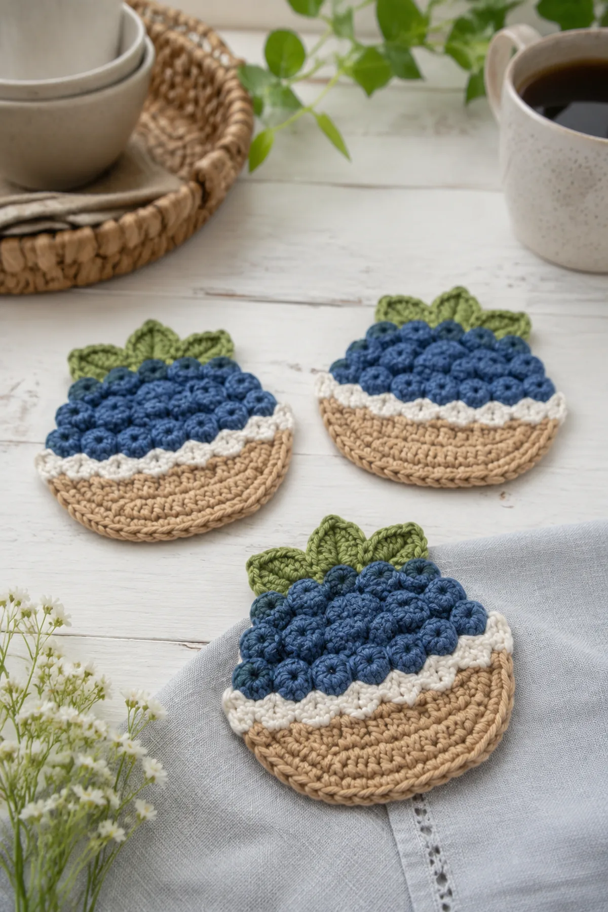 Finished crochet berry basket coasters displayed with a clean handmade finish