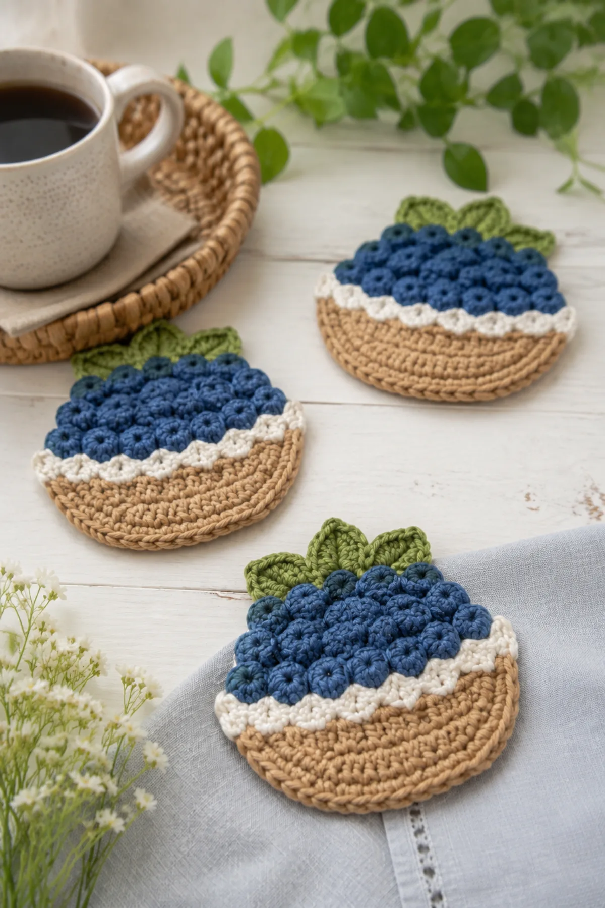 Finished crochet berry basket coasters styled in a bright natural setting