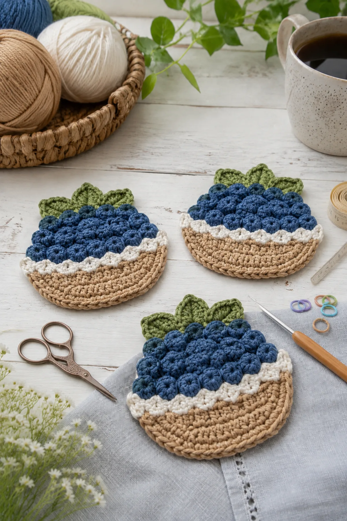 Yarn, crochet hook, stitch markers, yarn needle, tape measure, and scissors for crochet berry basket coasters