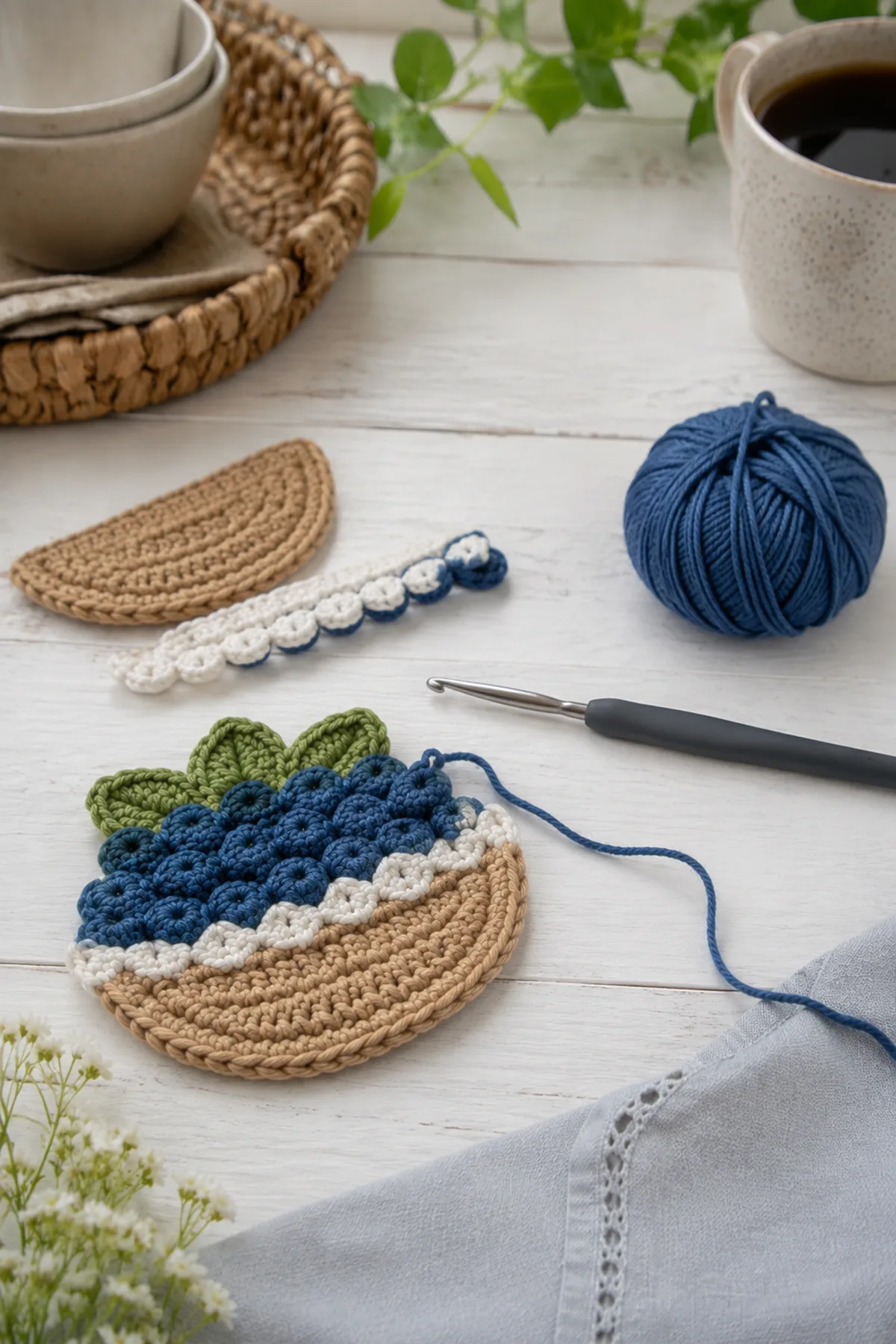 Early crochet construction stage for crochet berry basket coasters with working yarn and hook