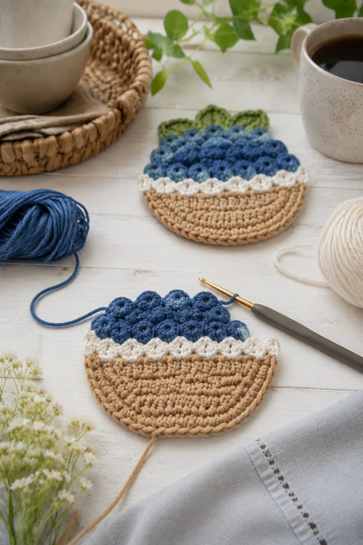 Mid-process crochet construction and shaping for crochet berry basket coasters