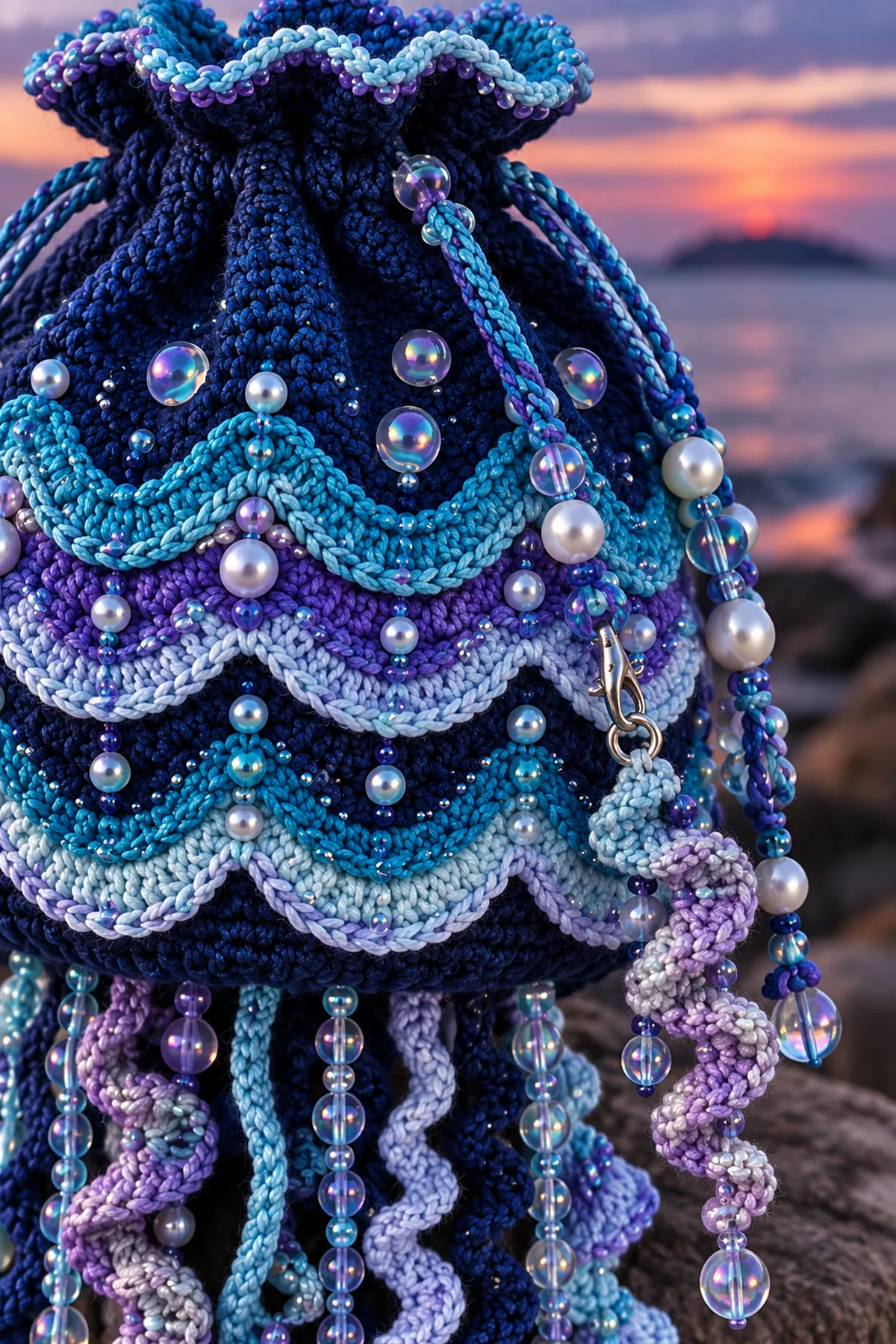 Close-up of scalloped jellyfish bag rim beaded drawcord overlay waves and curlicue tentacles