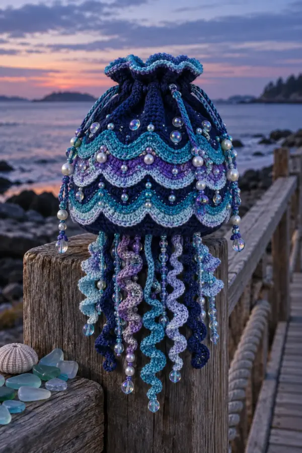 Finished crochet bioluminescent jellyfish drawstring bag in navy turquoise violet and icy blue