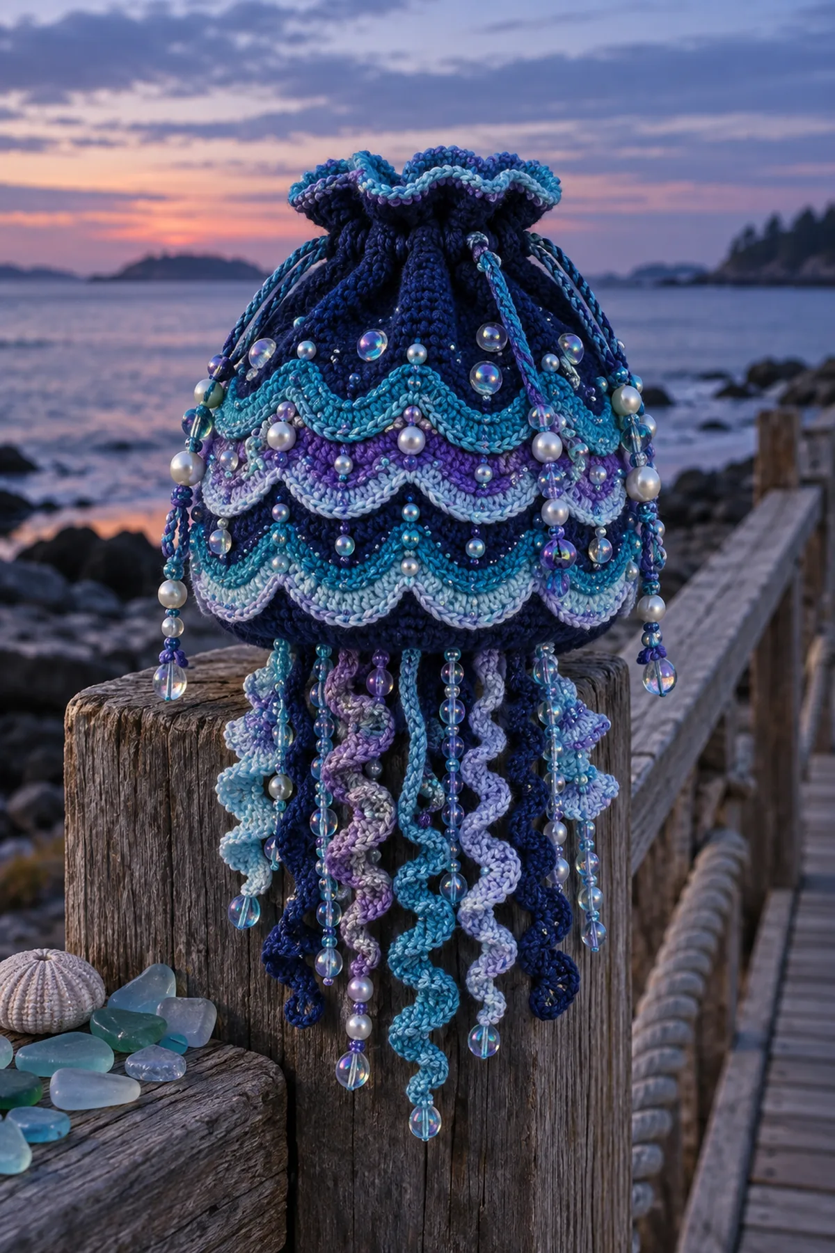 Finished crochet bioluminescent jellyfish drawstring bag in navy turquoise violet and icy blue