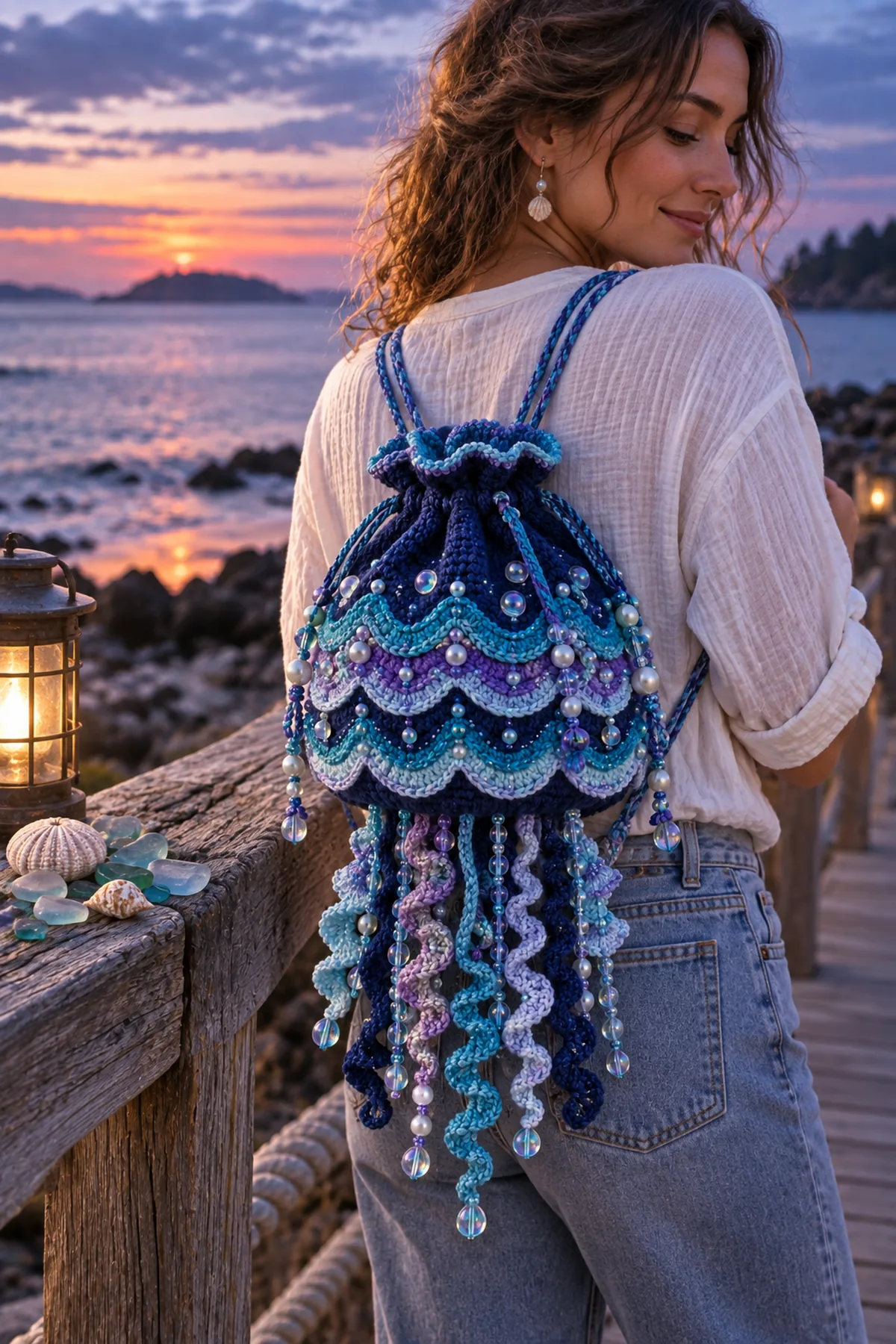 Bioluminescent jellyfish crochet bag styled beside sea glass on a twilight boardwalk