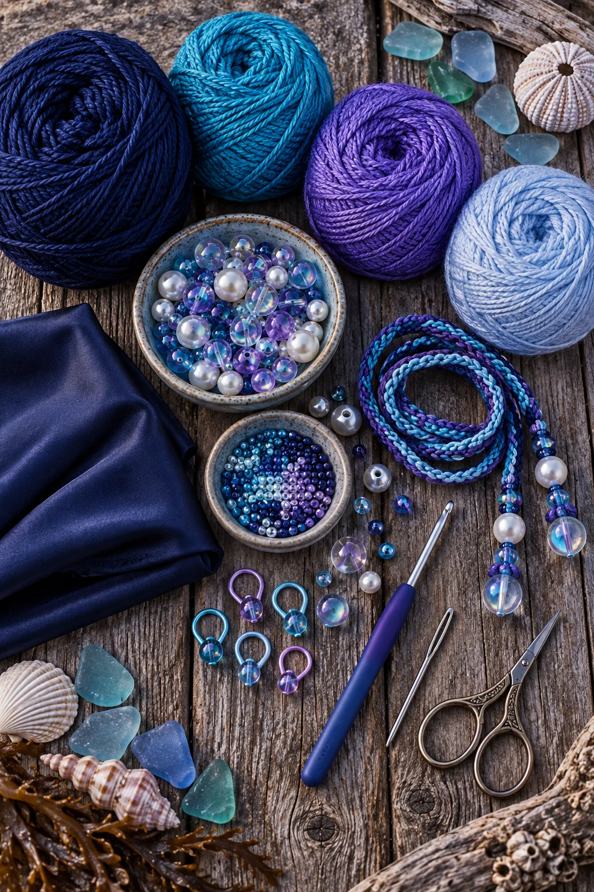 Navy turquoise violet and icy blue yarn hook beads drawcord lining markers needle and scissors