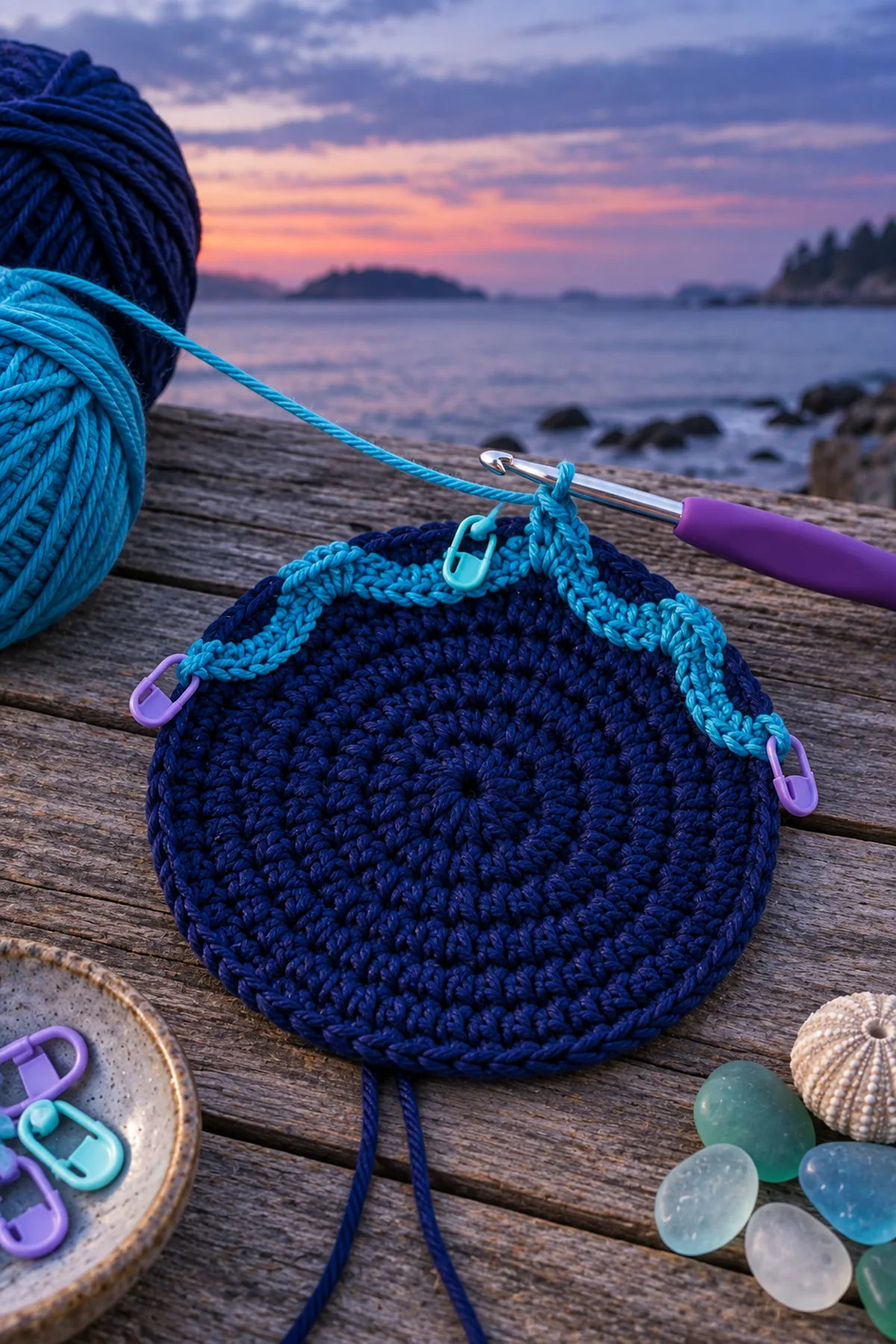 Midnight navy ten stitch magic ring with first turquoise jellyfish bell wave