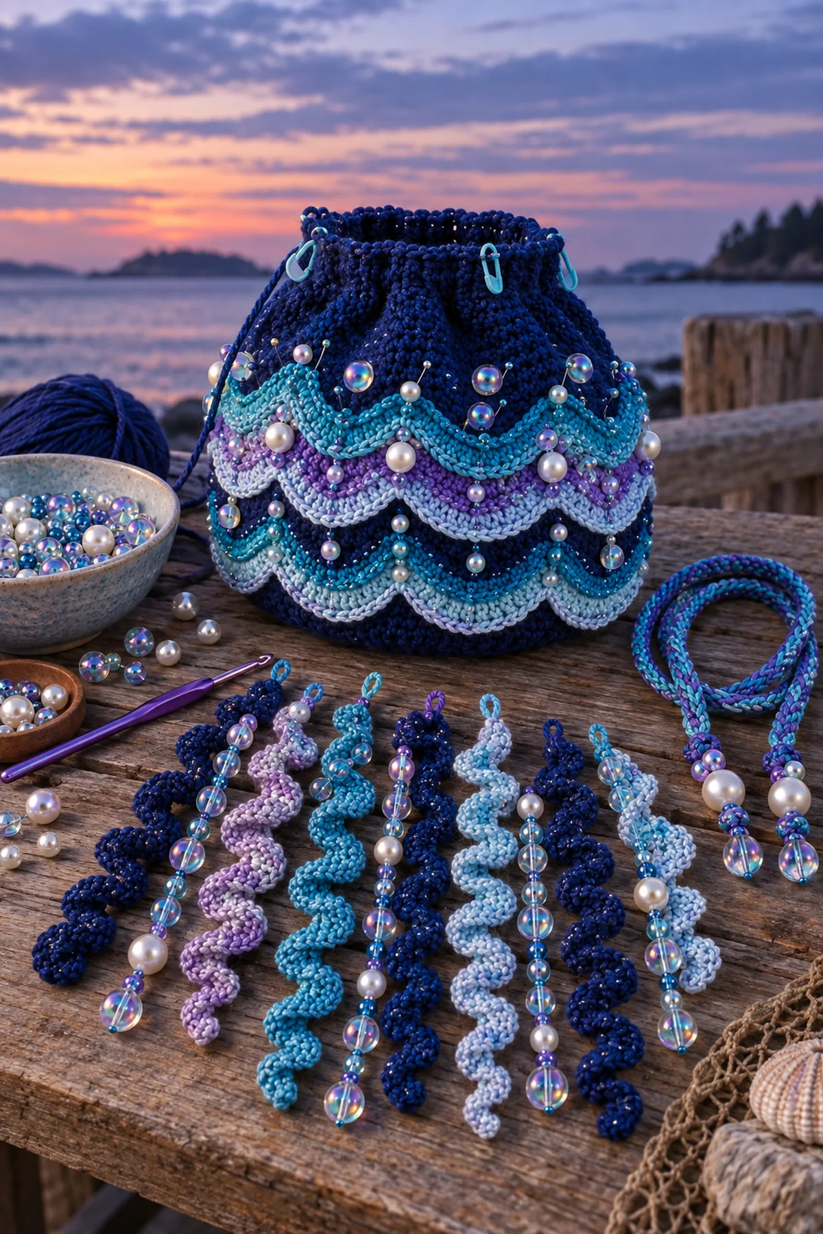Round crochet jellyfish bag midway through luminous overlay bands and pearl spots