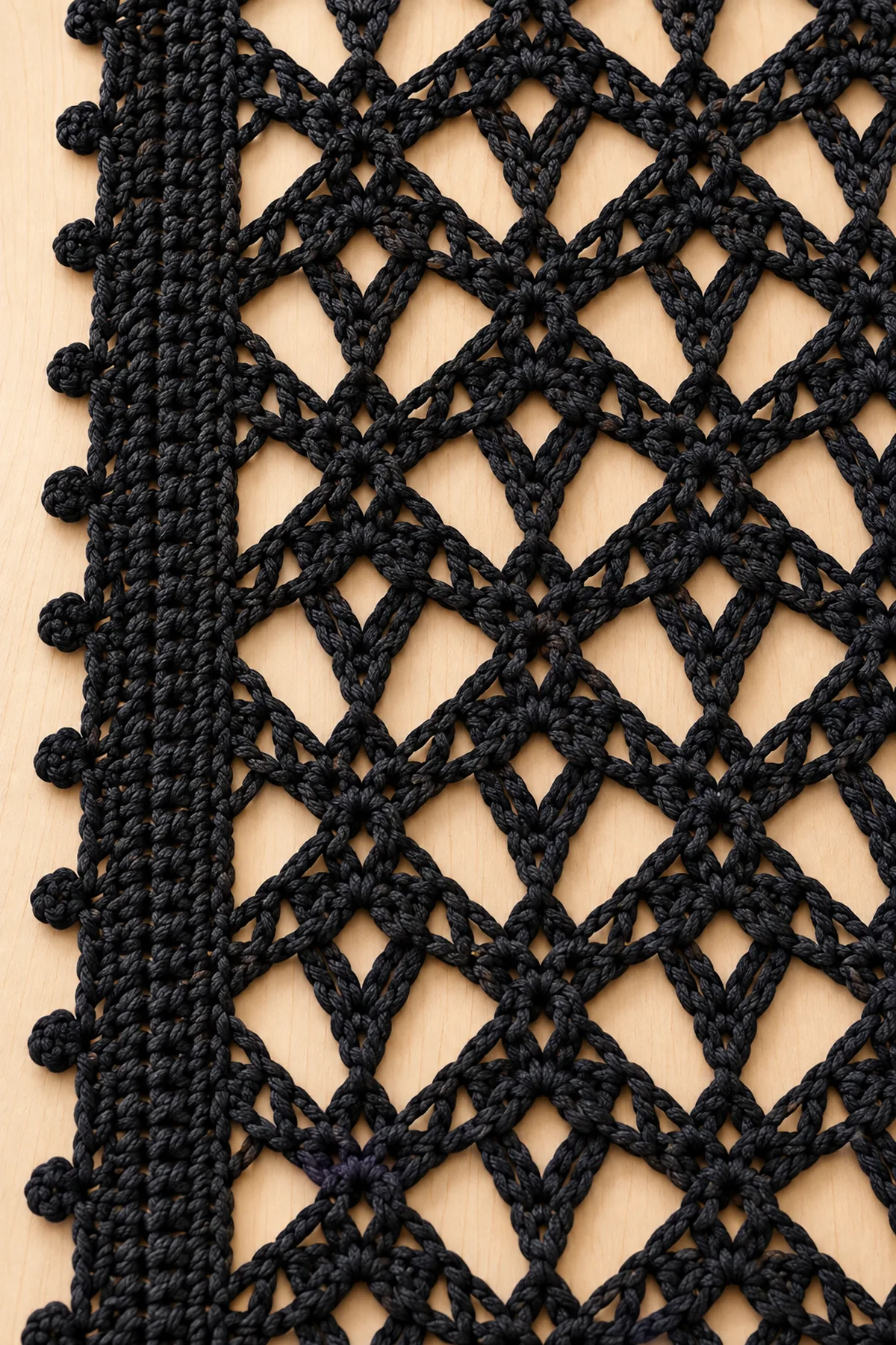 Close-up of black V stitch diamonds tall mesh arches solid side rail and picot edging