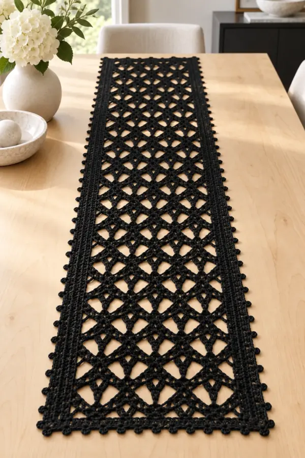 Finished black crochet diamond mesh table runner with elongated V stitch lace and picot edge