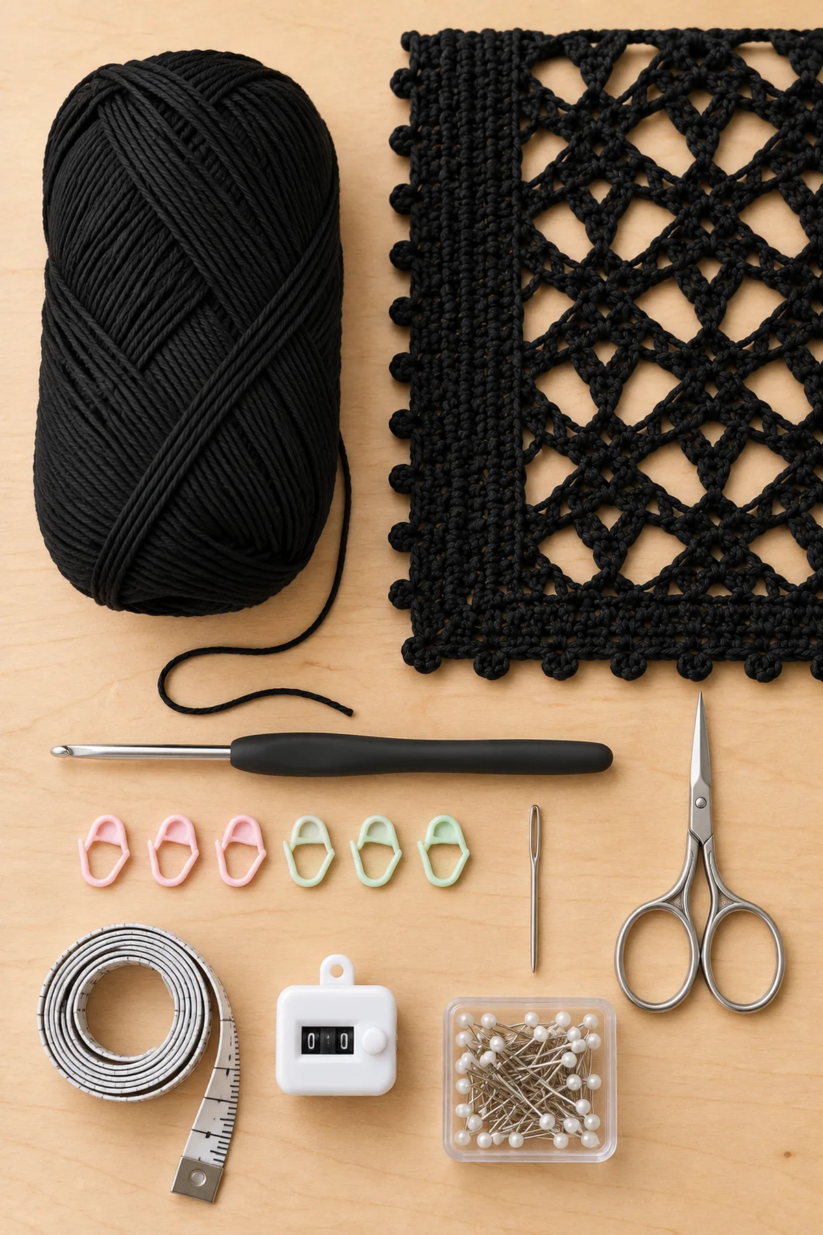 Matte black sport cotton crochet hook pale markers needle scissors row counter and blocking pins