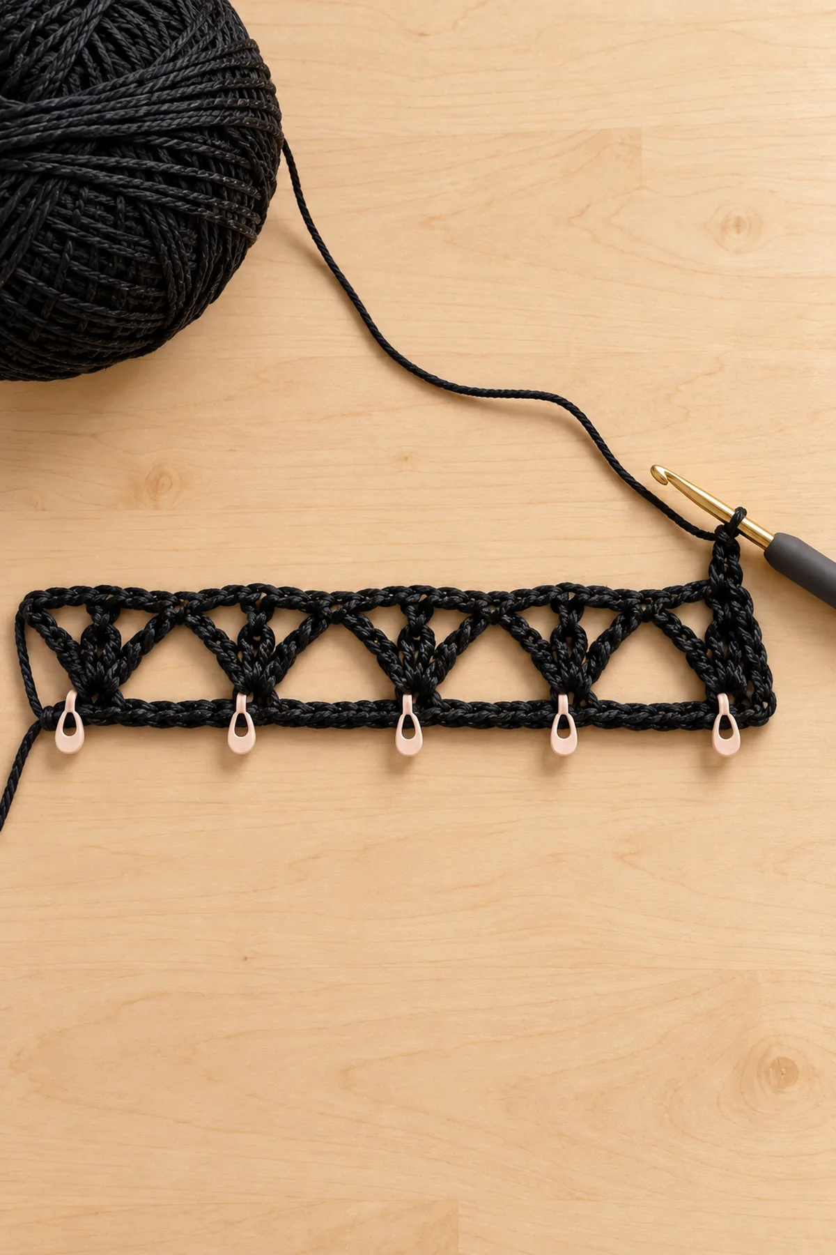 Black 61 stitch crochet foundation with the first V stitch diamond row in progress