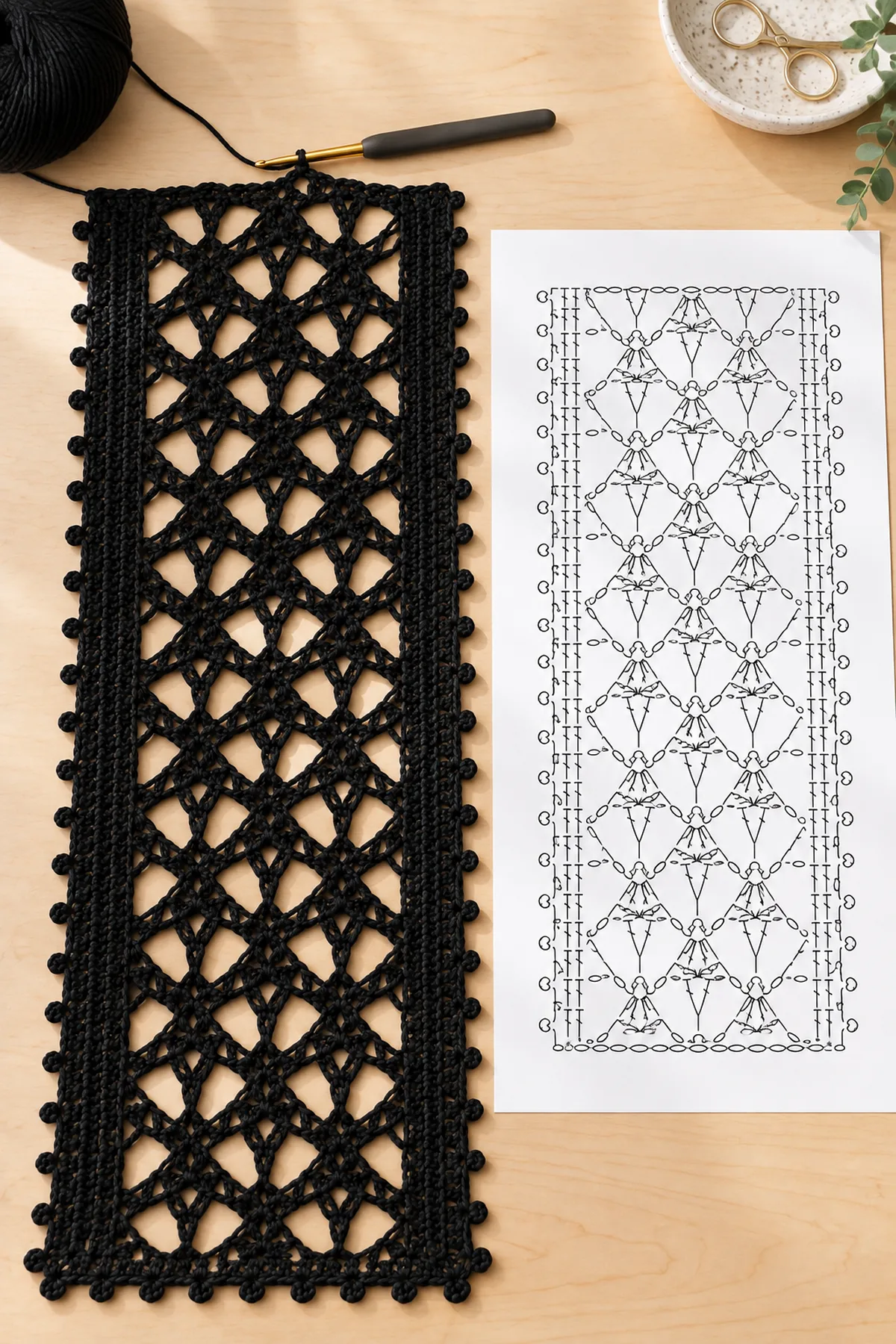 Partly completed black diamond mesh runner beside an original ten row chart guide