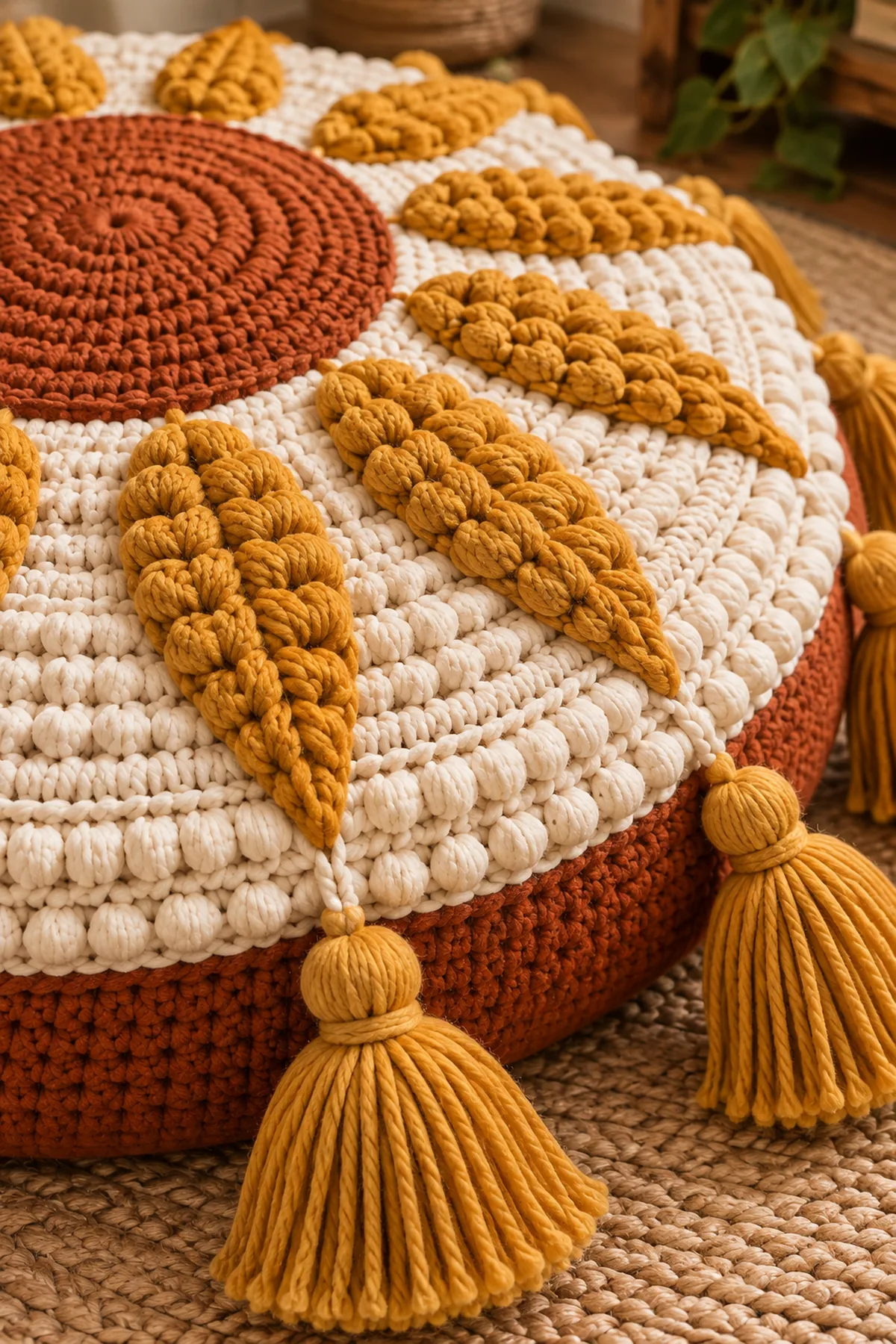 Close-up of raised puff ray front post ridge and oversized tassel seam