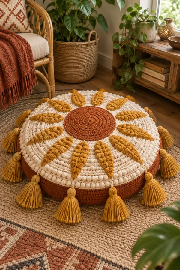 Finished round boho crochet sun floor cushion with orange center ochre rays cream ridges and tassels