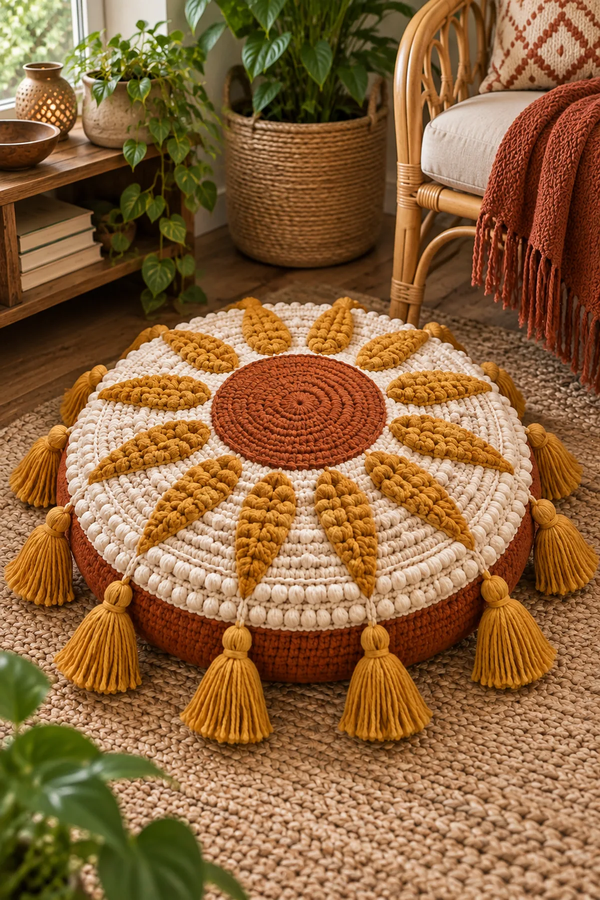 Boho sun crochet floor cushion styled in a warm neutral reading corner