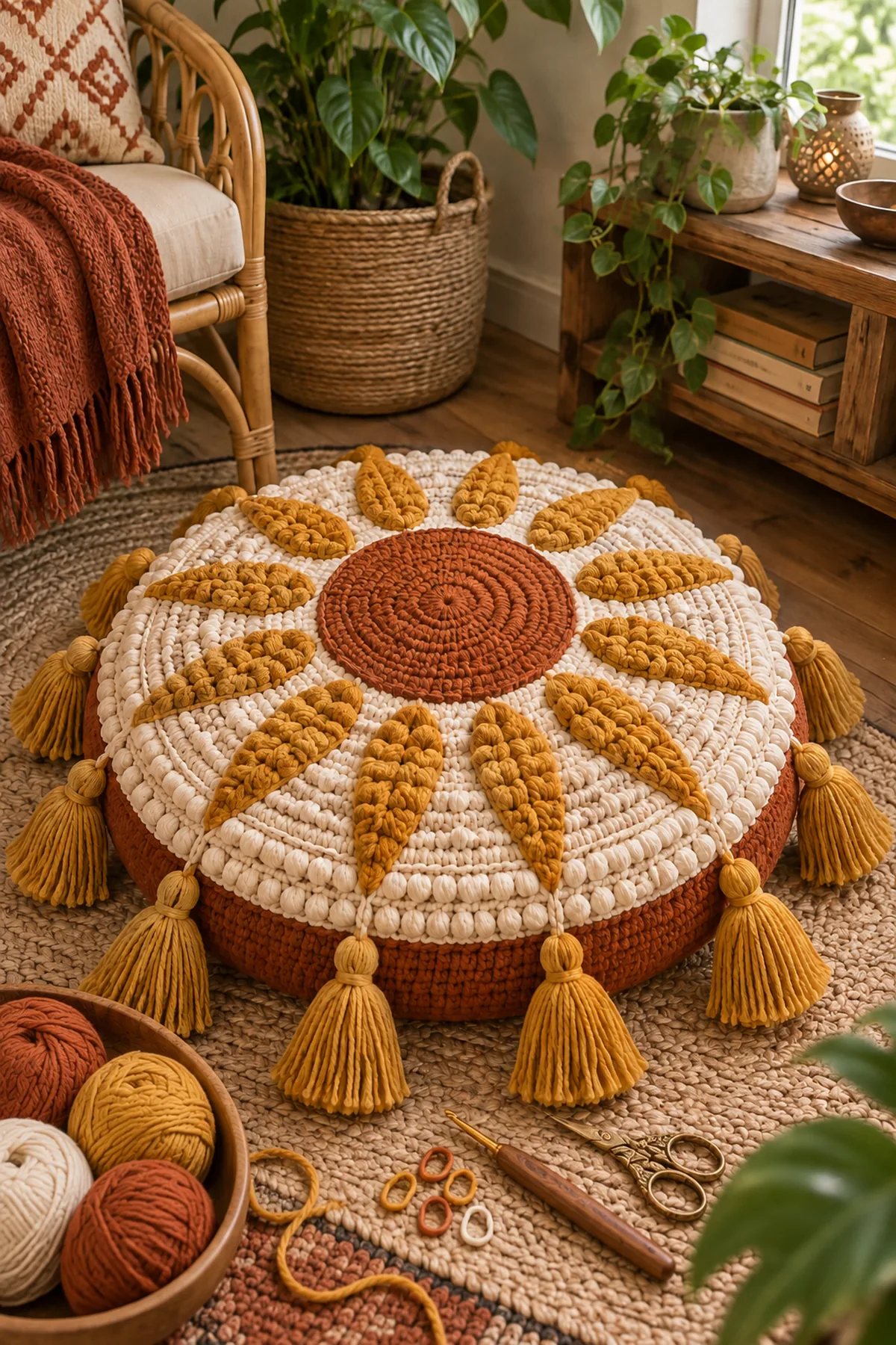 Burnt orange ochre cream and terracotta Aran cotton crochet hook insert markers and scissors