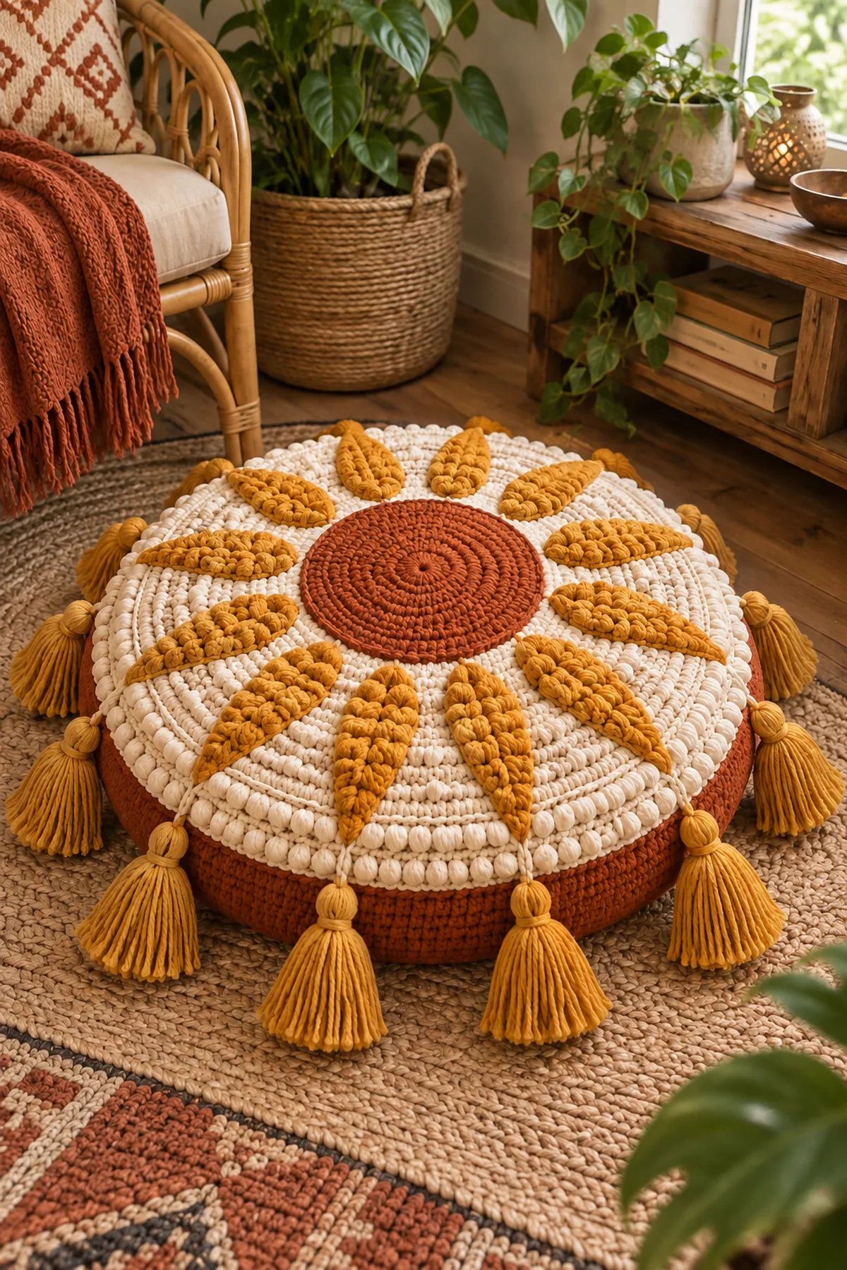 Burnt orange crochet cushion center after six textured rounds