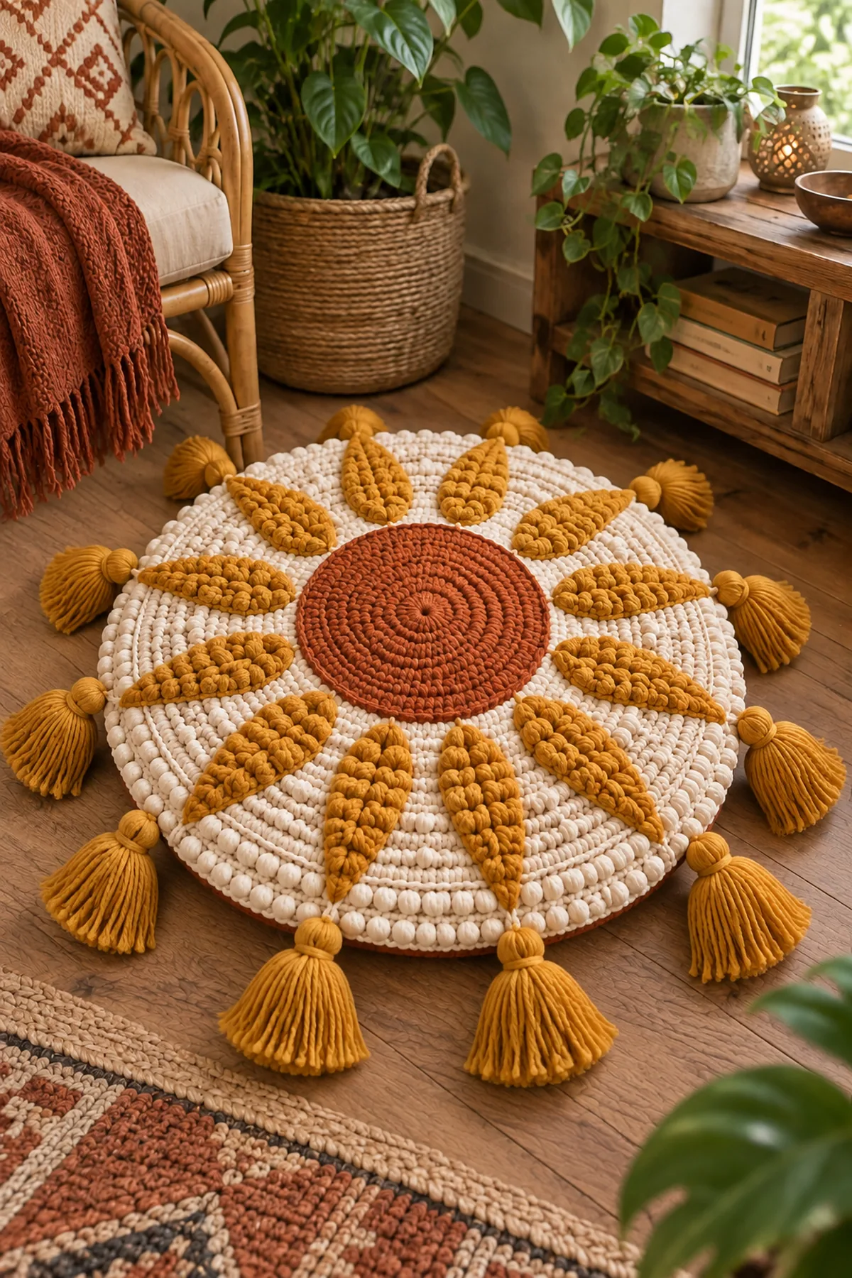 Round sun cushion front with twelve puff stitch rays before joining the back