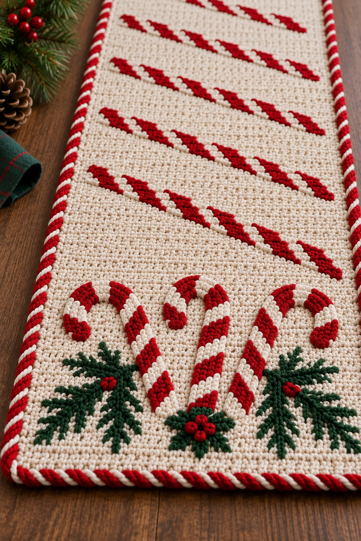 Close-up of red white tapestry stripes evergreen accent and corded border