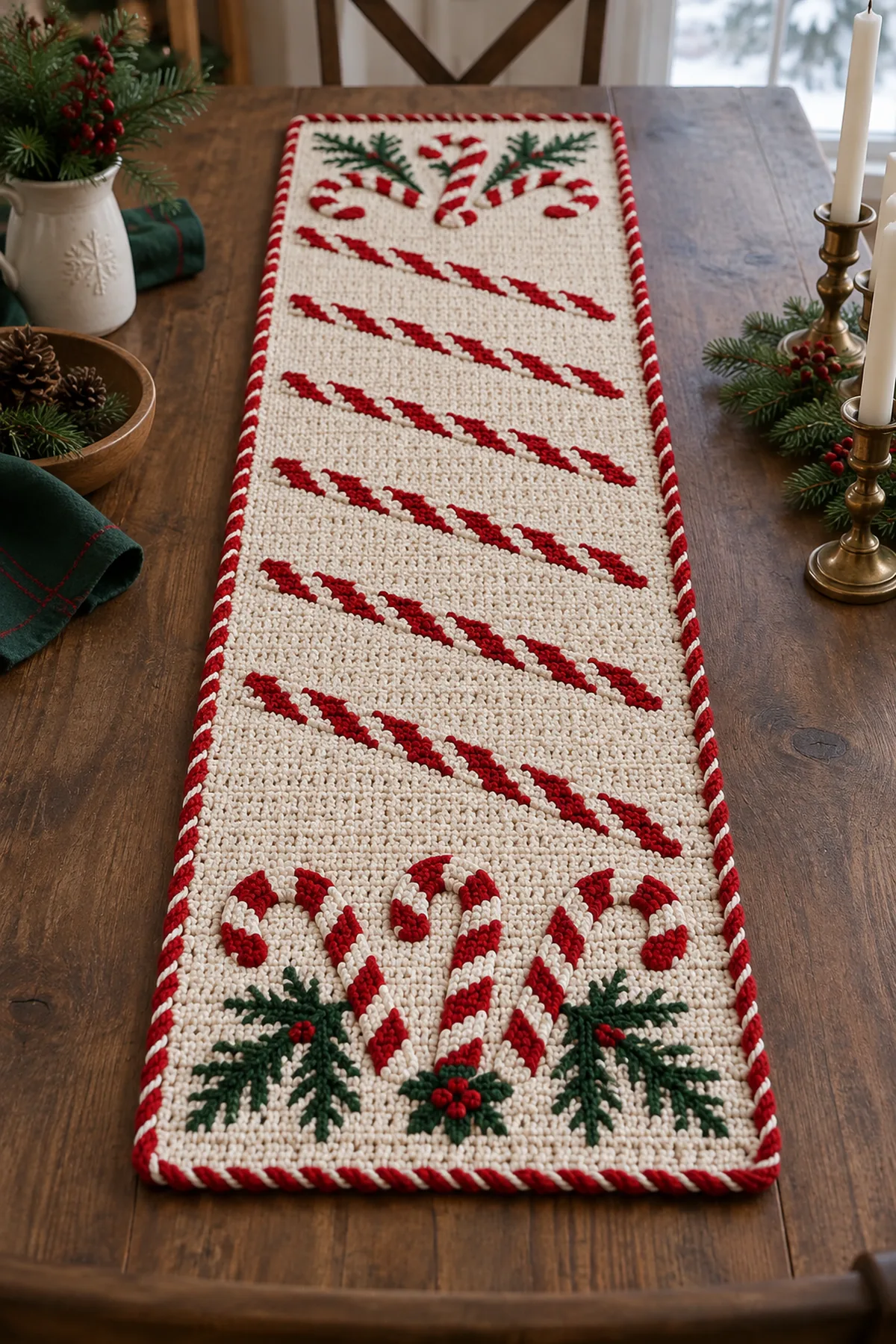 Finished cream crochet candy cane Christmas table runner with red white stripes