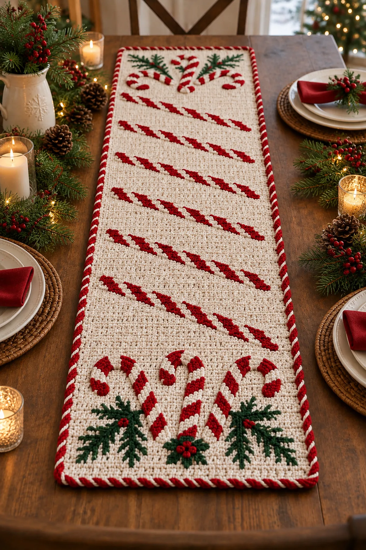 Candy cane Christmas crochet runner on a festive holiday table