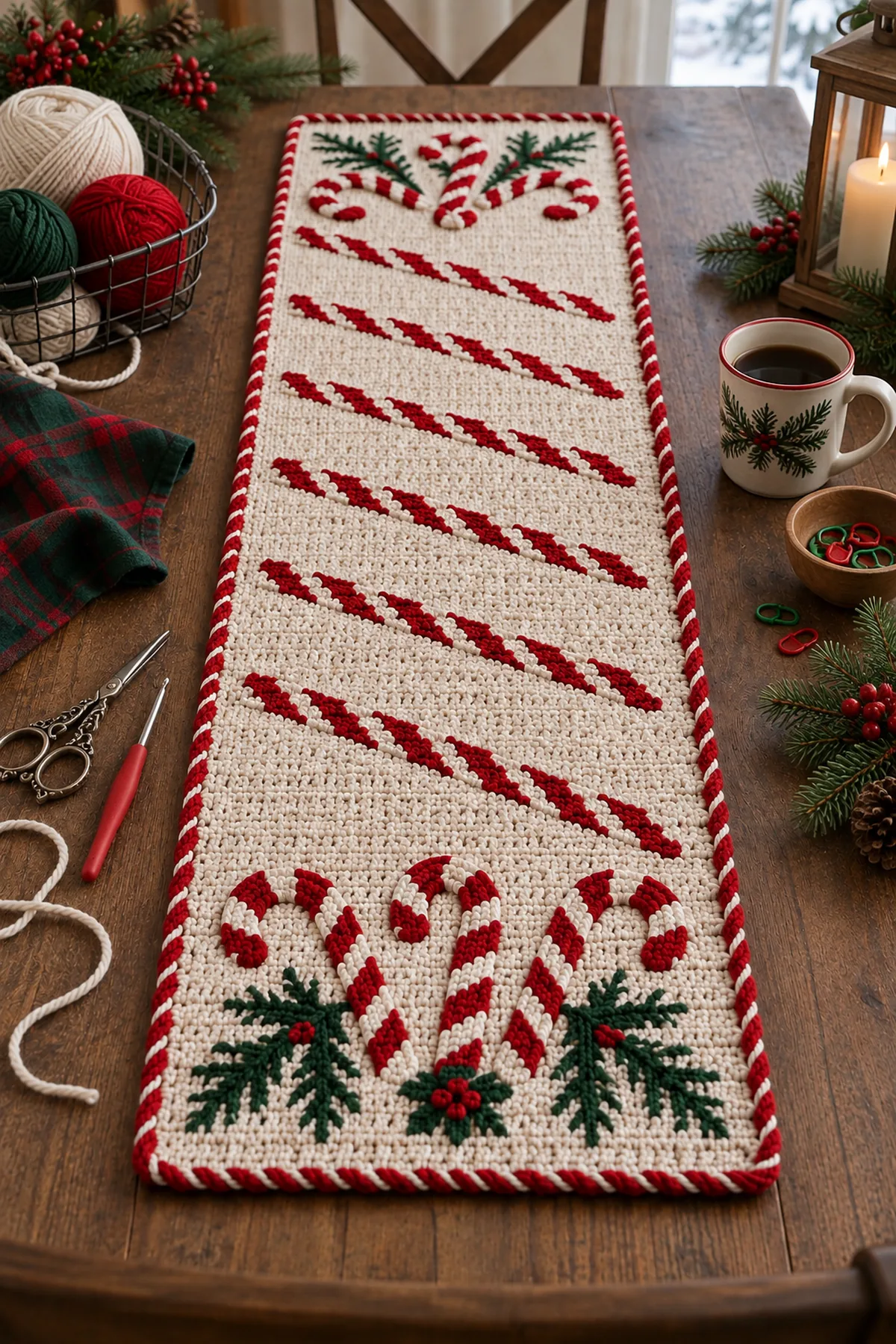 Cream red white and evergreen cotton yarn with crochet tools
