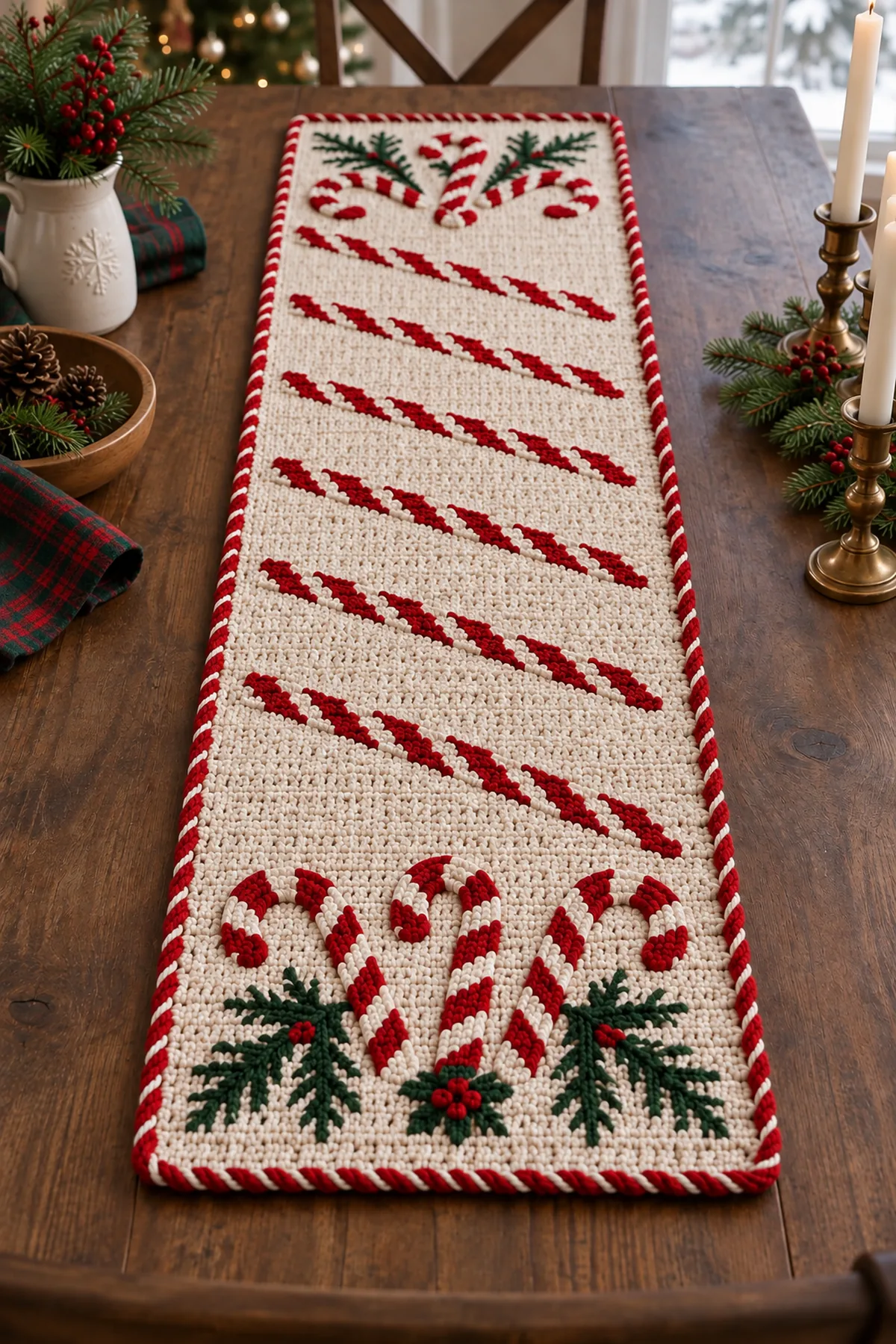 Cream tapestry crochet runner foundation with red and white yarn