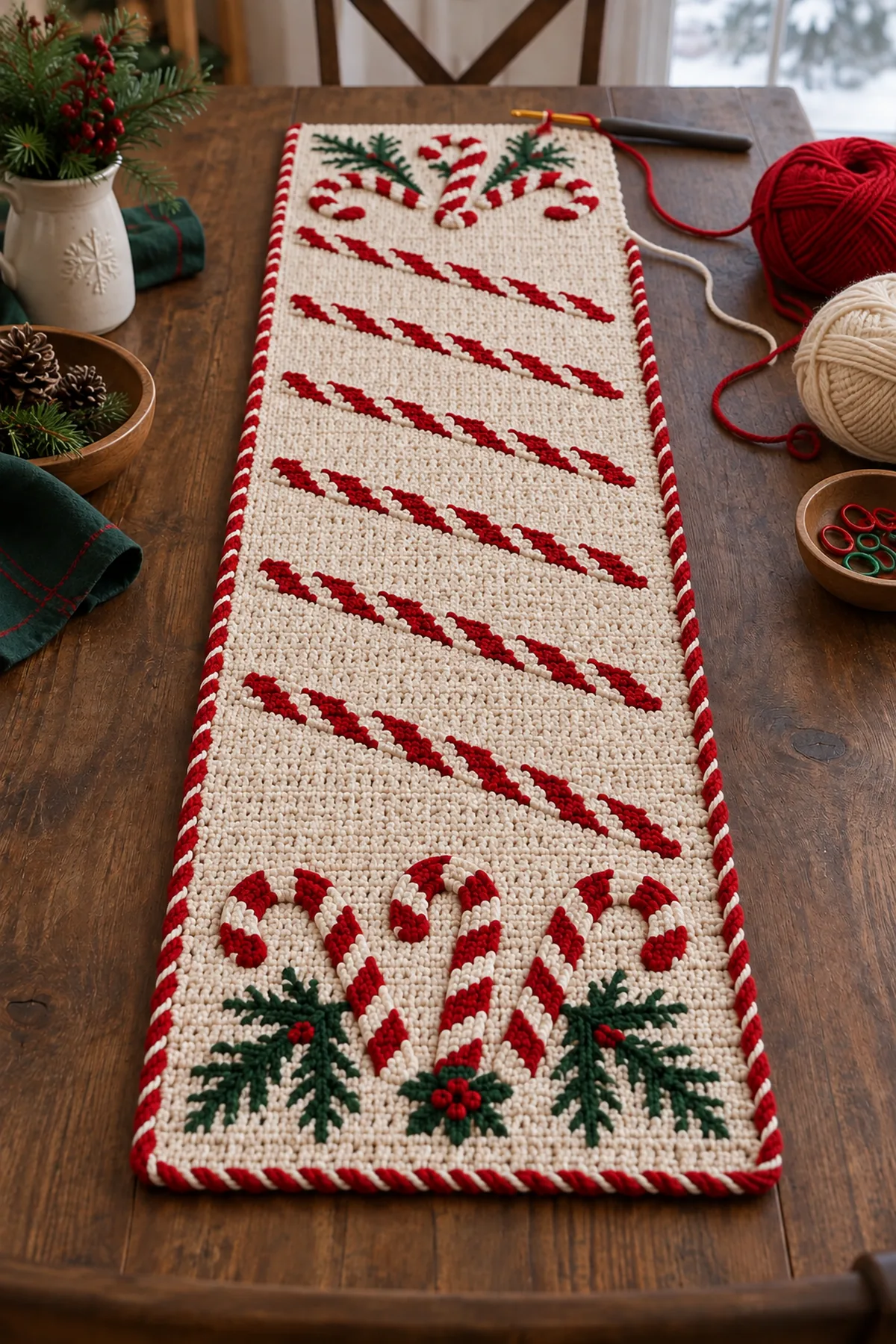 Diagonal candy cane stripe table runner colorwork in progress