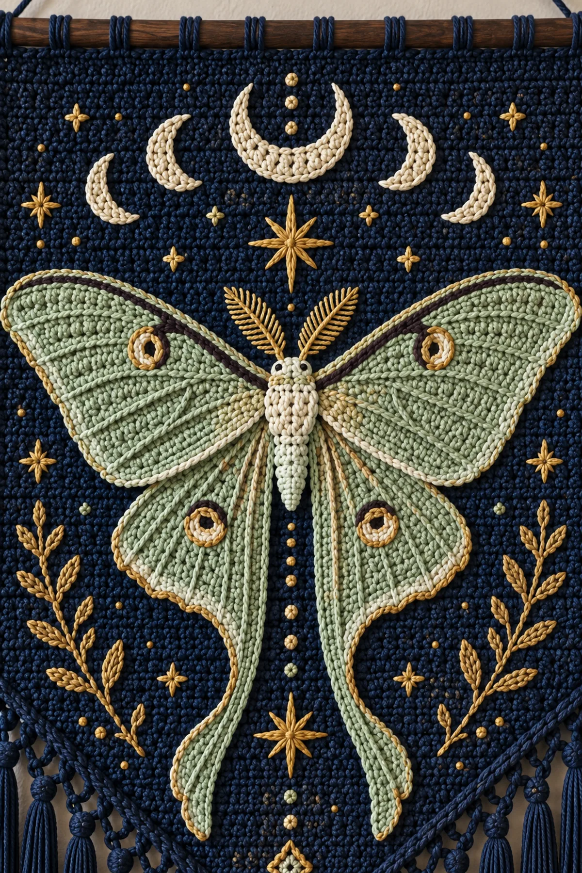 Close-up of dense tapestry stitches golden moth eyespot surface embroidery and tiny stars