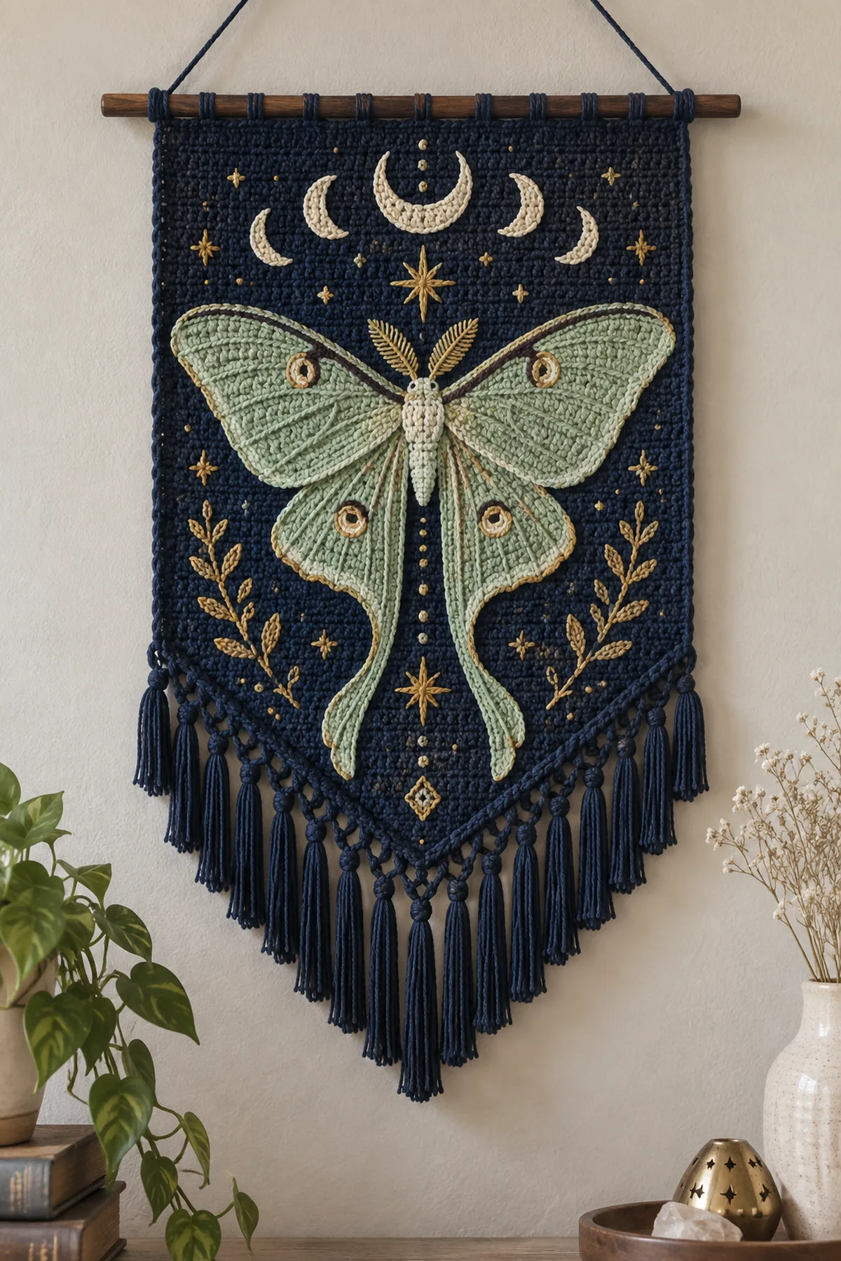 Finished midnight blue crochet celestial moth tapestry with celadon wings gold details crescent moons and fringe