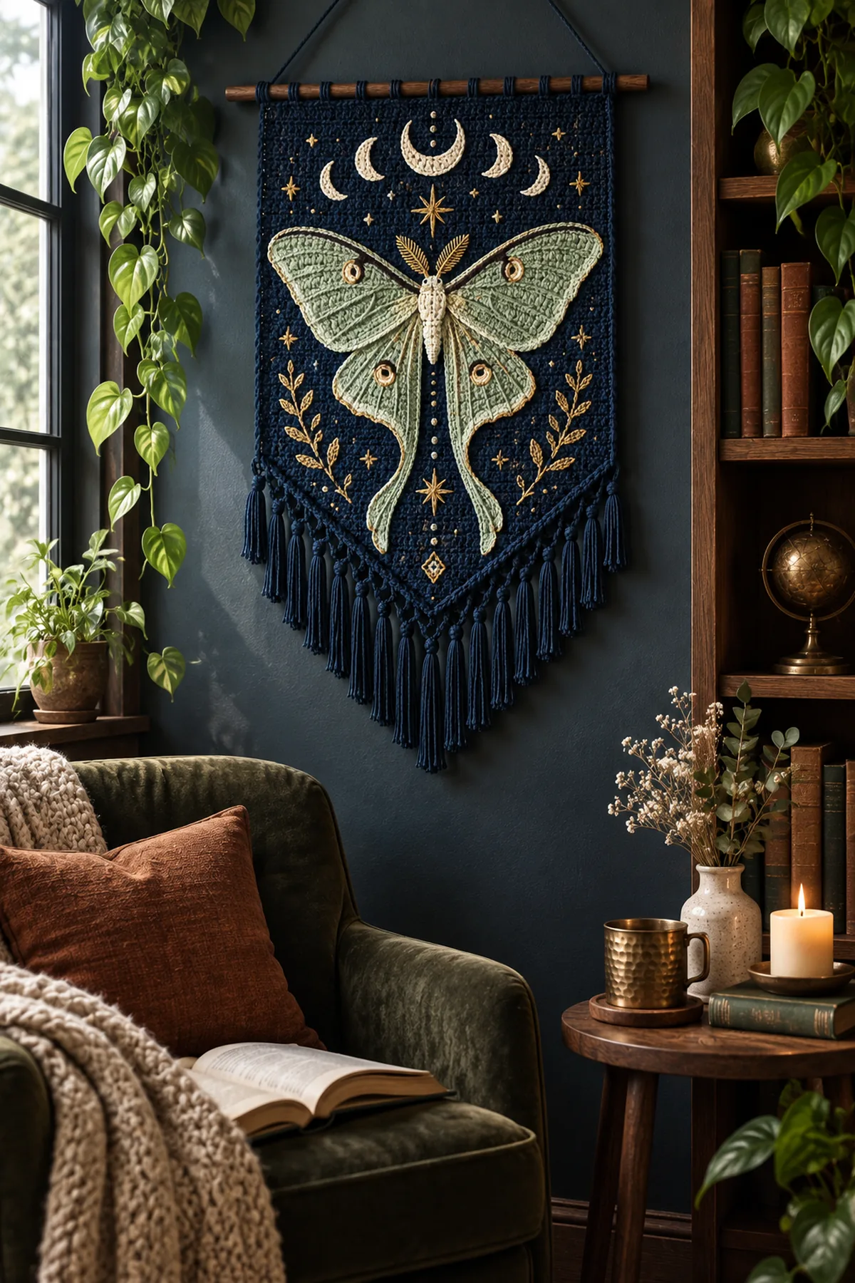 Celestial luna moth crochet wall hanging displayed in a moody modern reading corner