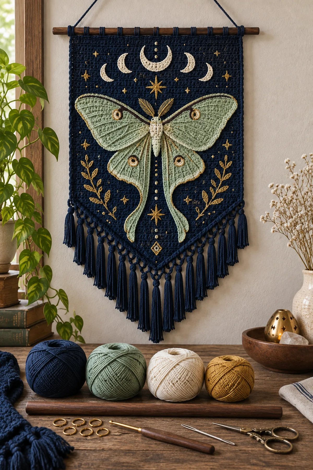 Midnight celadon gold and ivory DK cotton crochet hook yarn bobbins walnut dowel markers needle and scissors