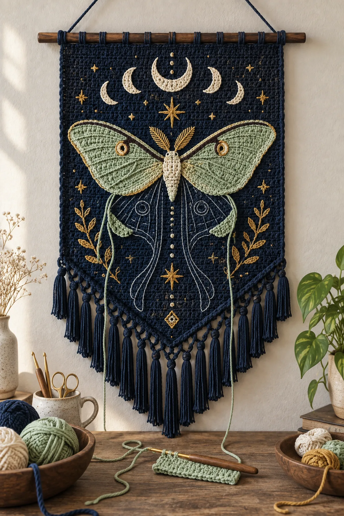 Crochet luna moth tapestry midway through mirrored celadon and gold wing colorwork