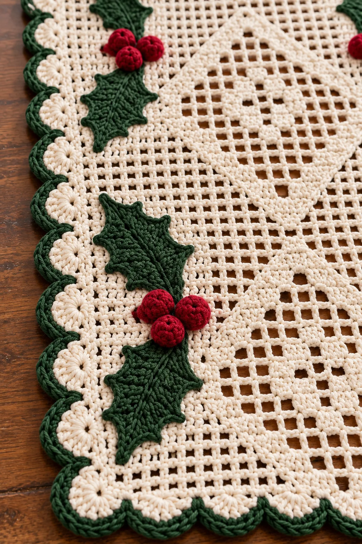 Close-up of crochet holly leaf cranberry bobbles and green scalloped edge