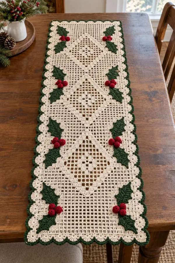Finished ivory crochet Christmas holly berry table runner with green leaves and red berries