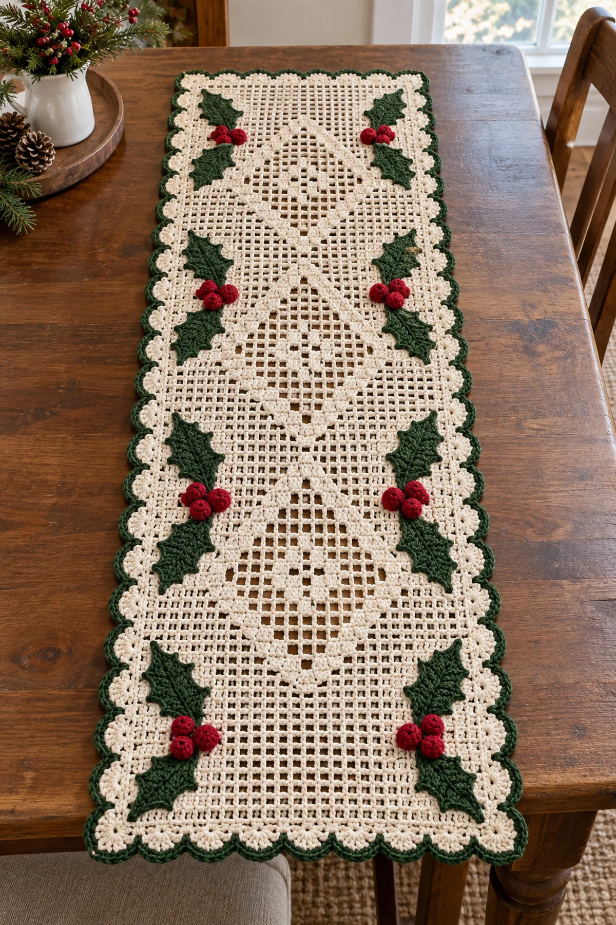 Finished ivory crochet Christmas holly berry table runner with green leaves and red berries