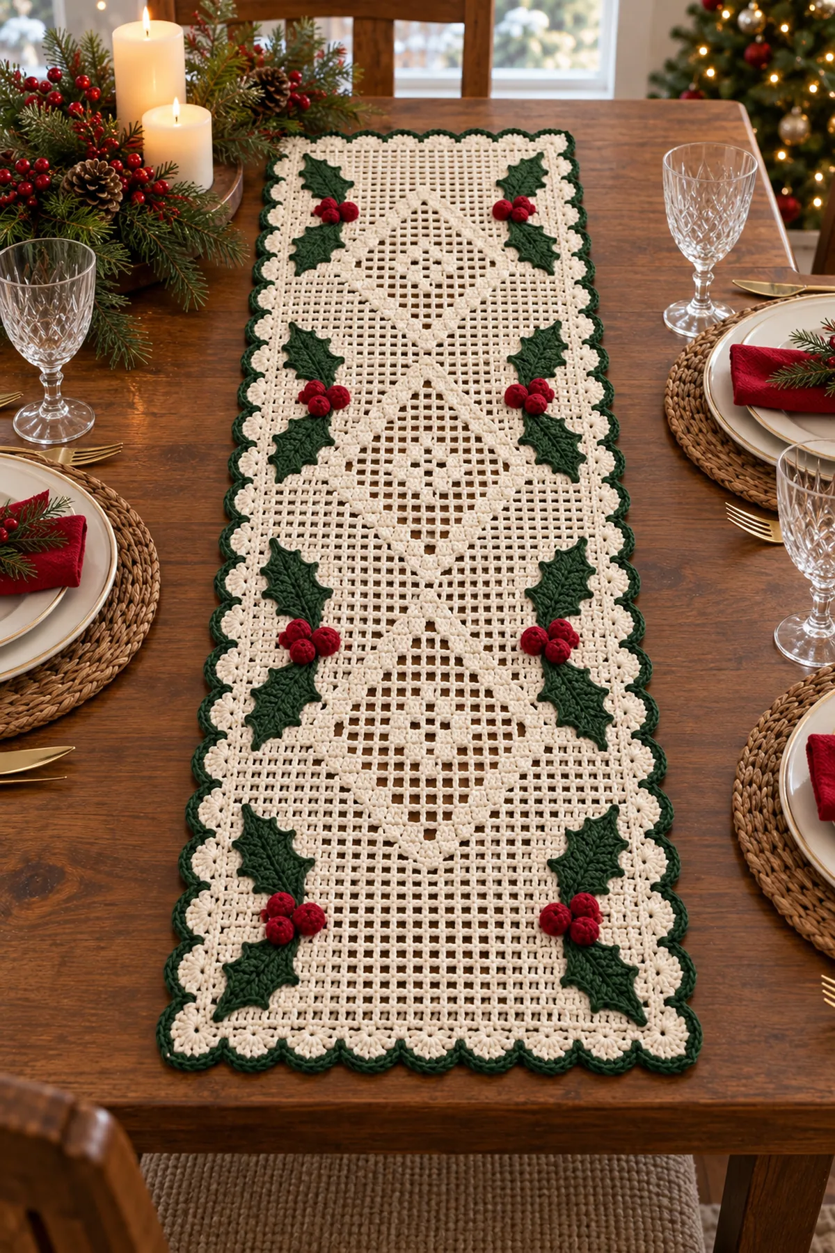 Christmas holly berry crochet runner on a festive dining table